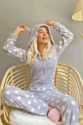Gri Puan Desenli Kadın Polar Peluş Tulum Pijama 2167