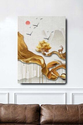 Dekoratif Soyut Altın Geyik Ve Ağaç Sürreal Kanvas Duvar Tablosu BLKGOLDSET3