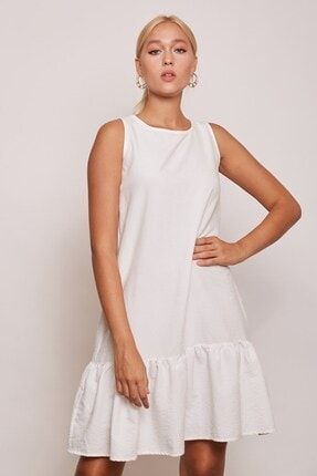 Iç Göstermez Viskon Poplin Geniş Sıfır Yaka Kolsuz Eteği Fırfırlı Elbise -beyaz 50095