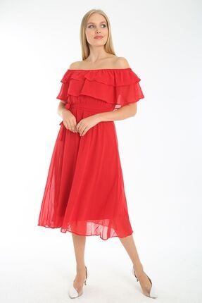 Carmen Yaka Fırfır Şifon Elbise - Kırmızı RRMCF-682