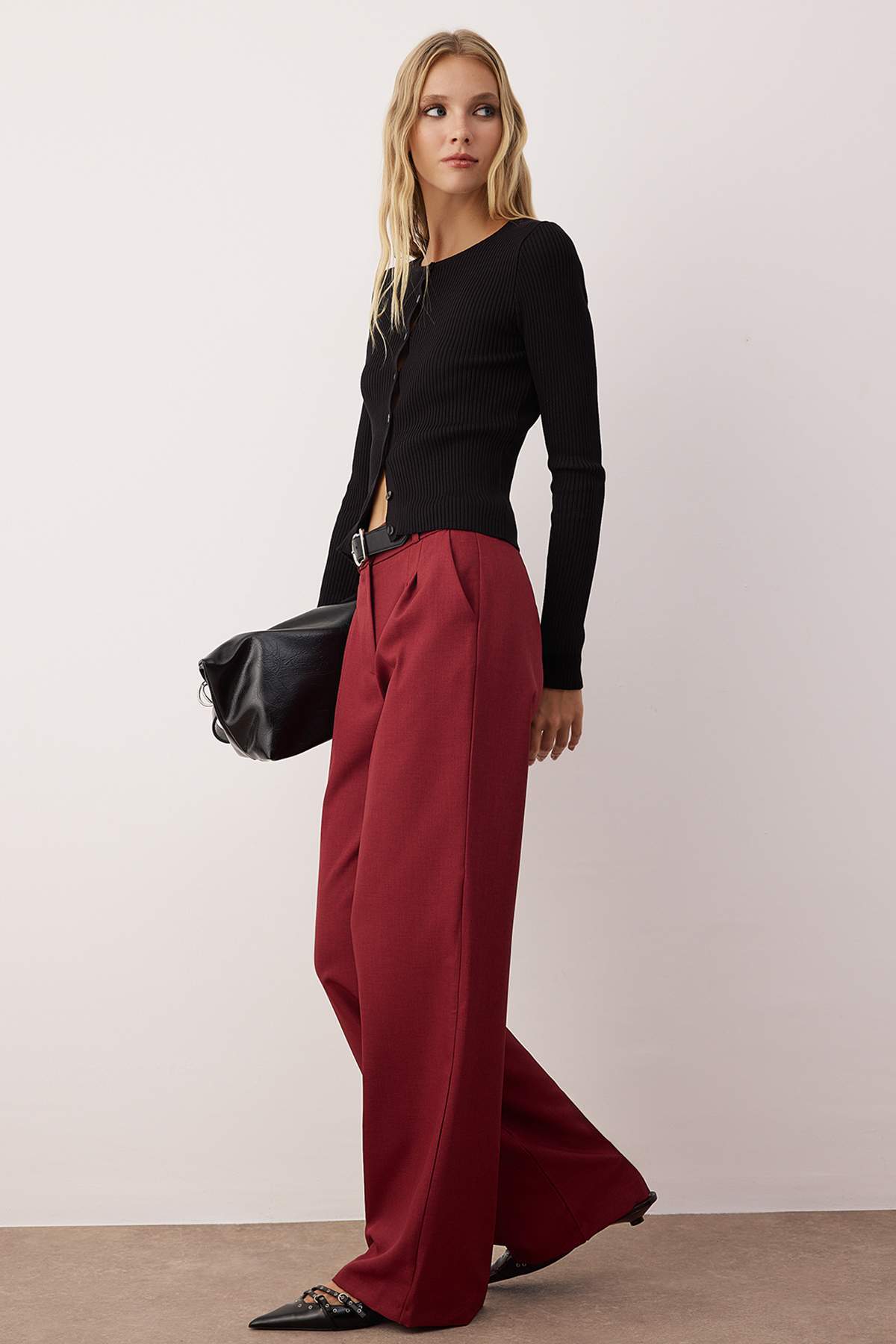 Trendyolmilla  Bordo Wide Leg/Geniş Paça Pilili Pantolon TWOAW22PL0475 - Görsel 2