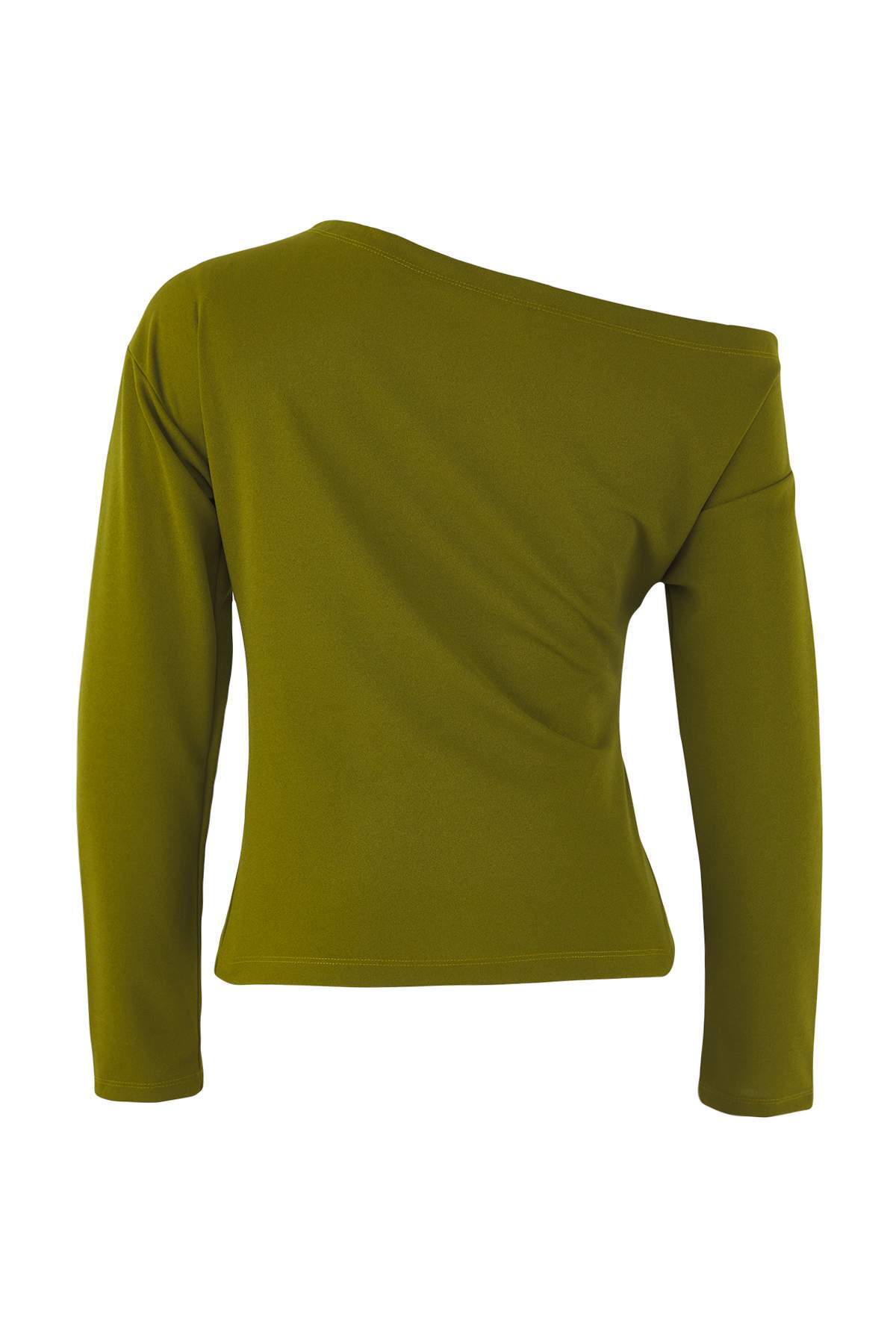 Trendyolmilla  Yağ Yeşili Büzgü/Drape Detaylı Dökümlü Asimetrik Yaka Örme Bluz TWOAW26BZ00138 - Görsel 4