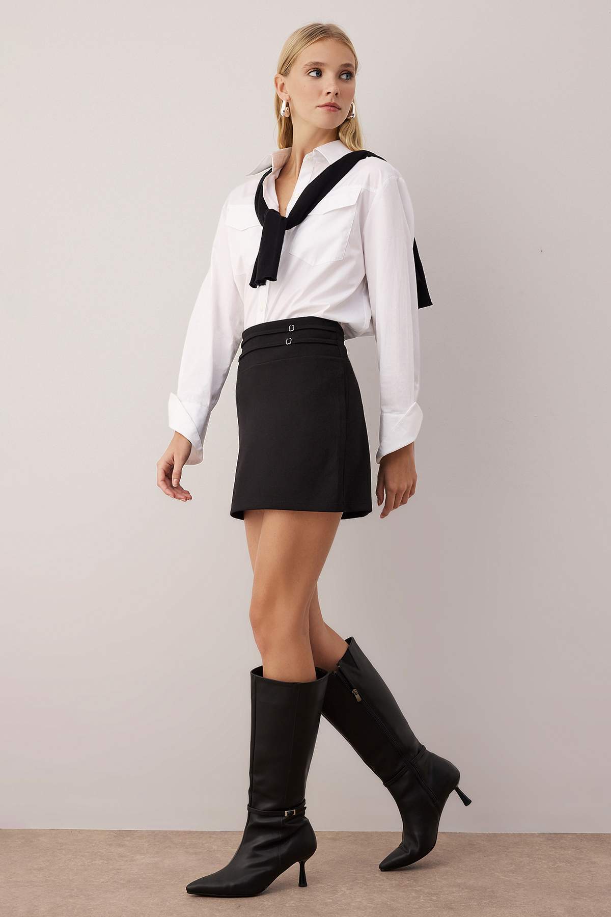 Trendyolmilla  Siyah Çift Kemer Detaylı A-line/Çan Açılan Esnek Örme Etek TWOAW26ET00115 - Görsel 10