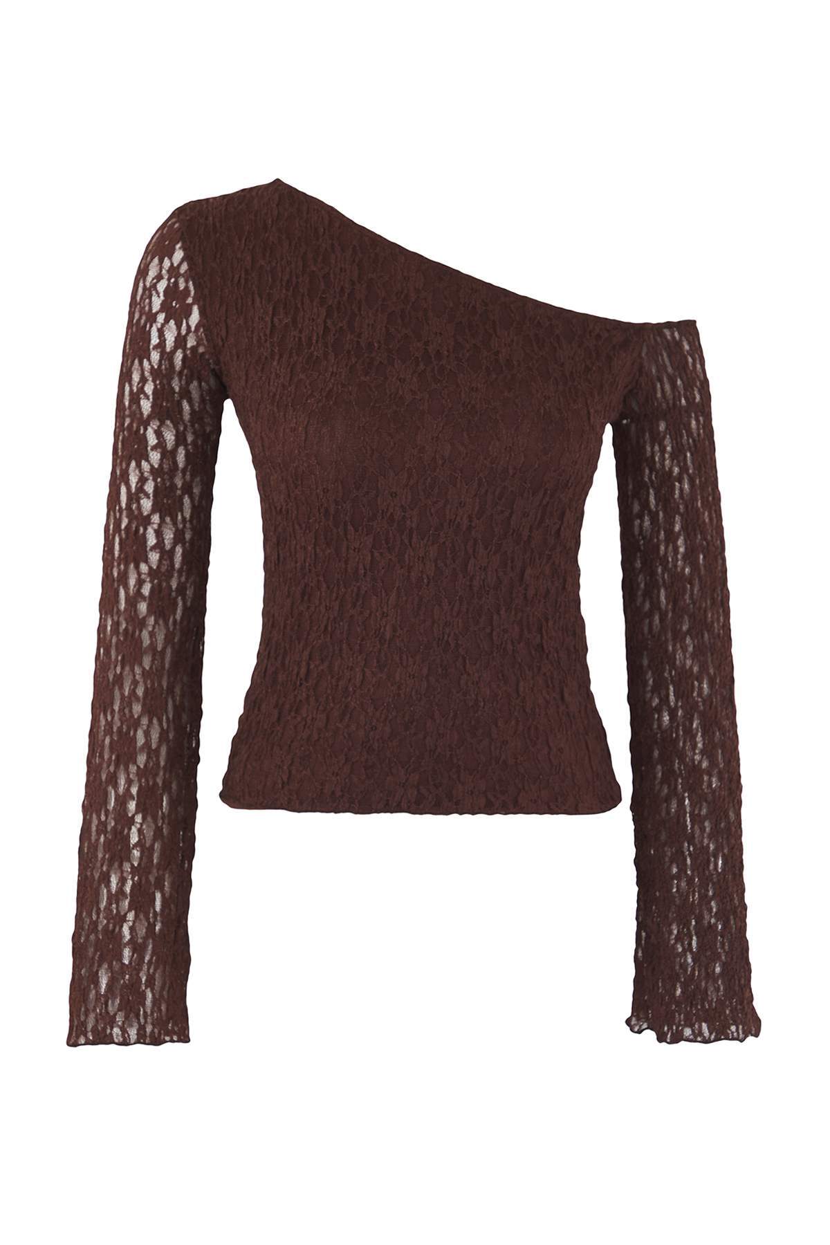 Trendyolmilla  Kahverengi Dantel Asimetrik Yaka Fitted/Vücuda Oturan Örme Bluz TWOAW26BZ00036 - Görsel 7