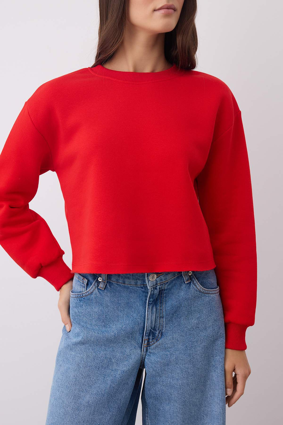 Trendyolmilla  Kırmızı Kalın İçi Polarlı Bisiklet Yaka Crop Örme Sweatshirt TWOAW26SW00093 - Görsel 3