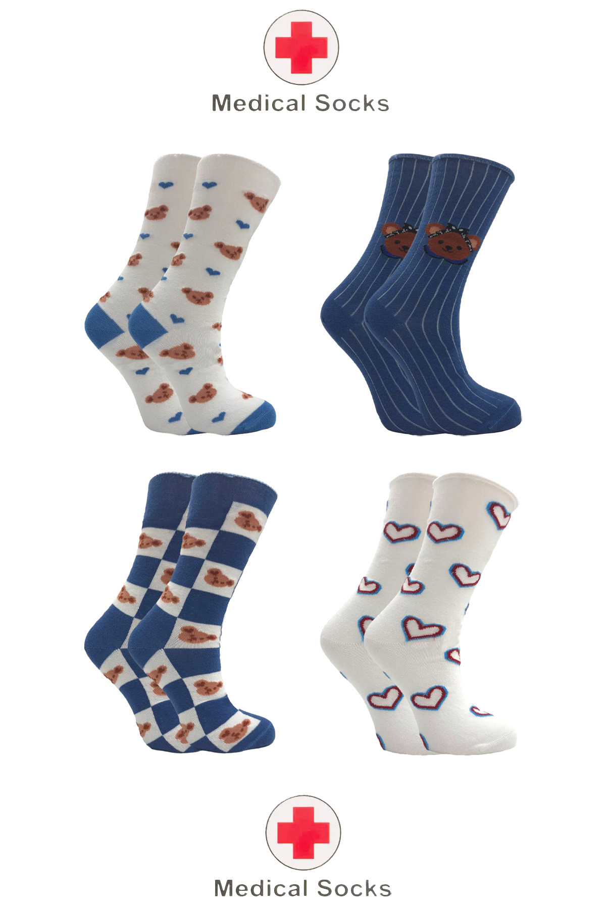 Women's Diabetic Rubberless Candy Socks Non-Squeezing Cotton Patterned Socket Socks Multicolor 4-Pack