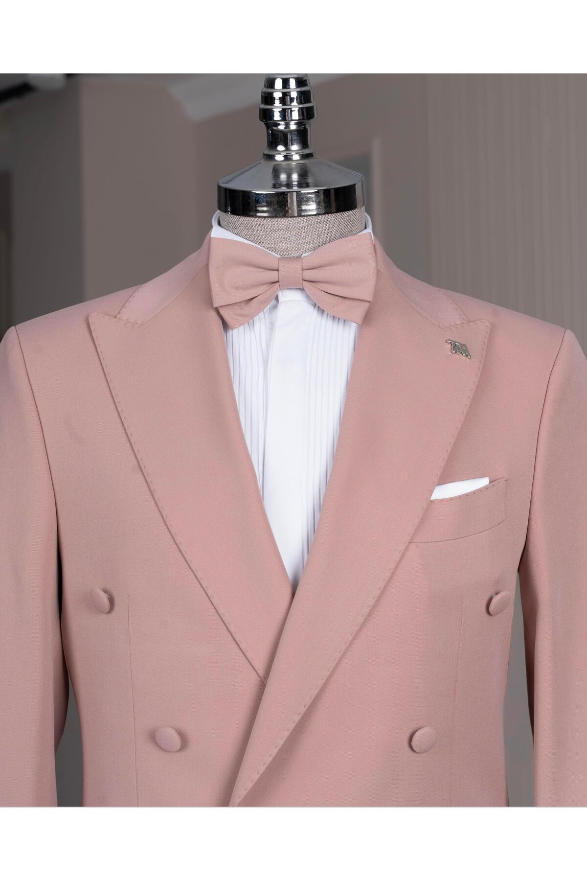 İtalyan stil kruvaze ceket pantolon takım elbise pembe T14198 — صورتی — تصویر 2 از 8