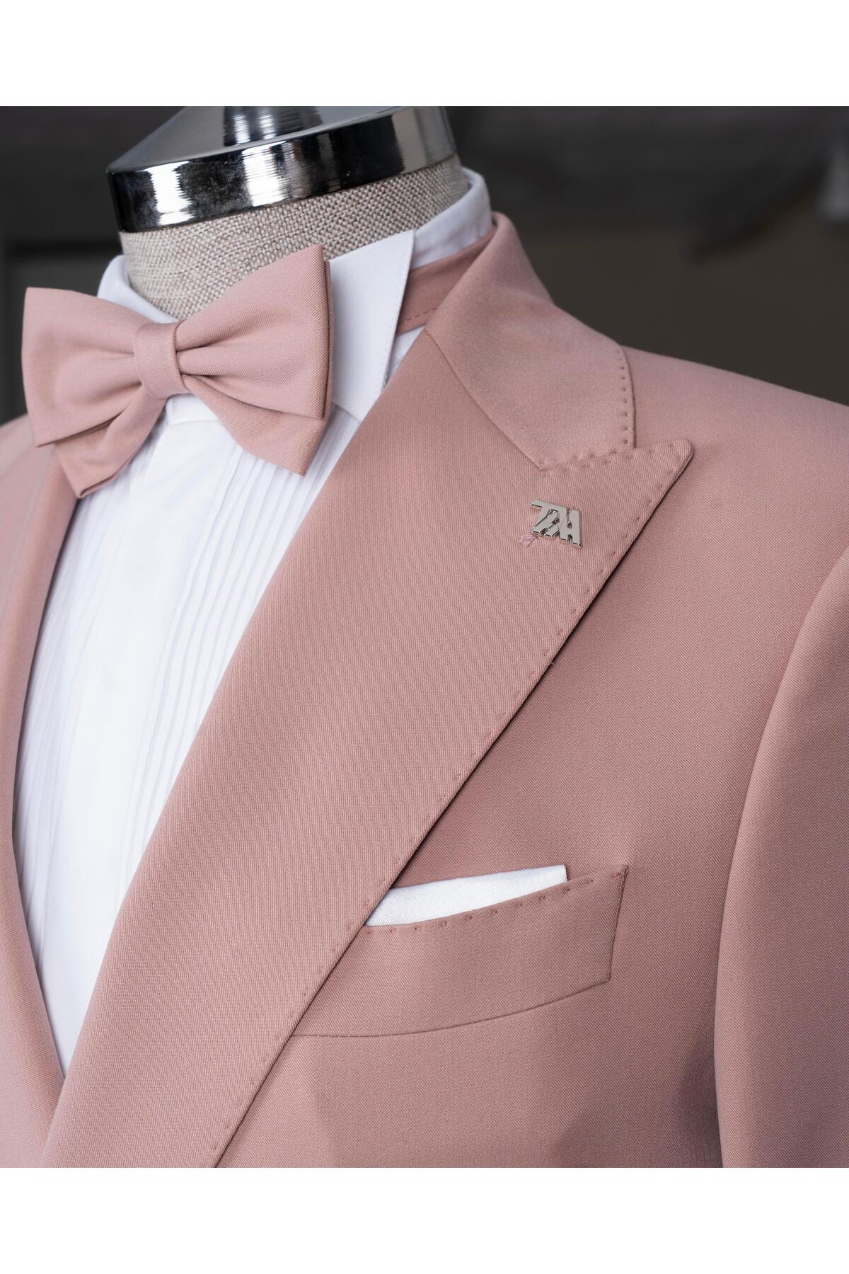 İtalyan stil kruvaze ceket pantolon takım elbise pembe T14198 — صورتی — تصویر 3 از 8