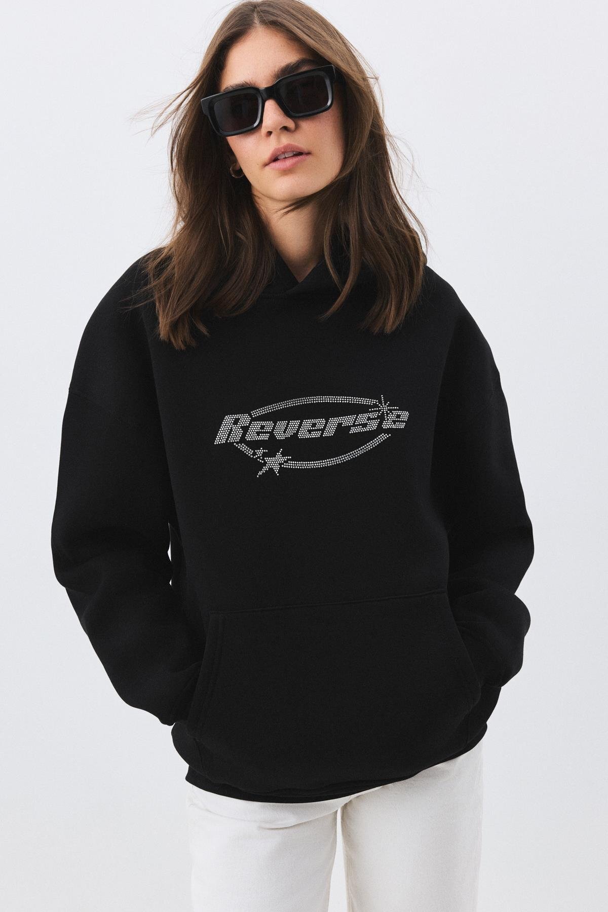 Trendiz Unisex Reverse Taş Baskılı Sweatshirt Siyah