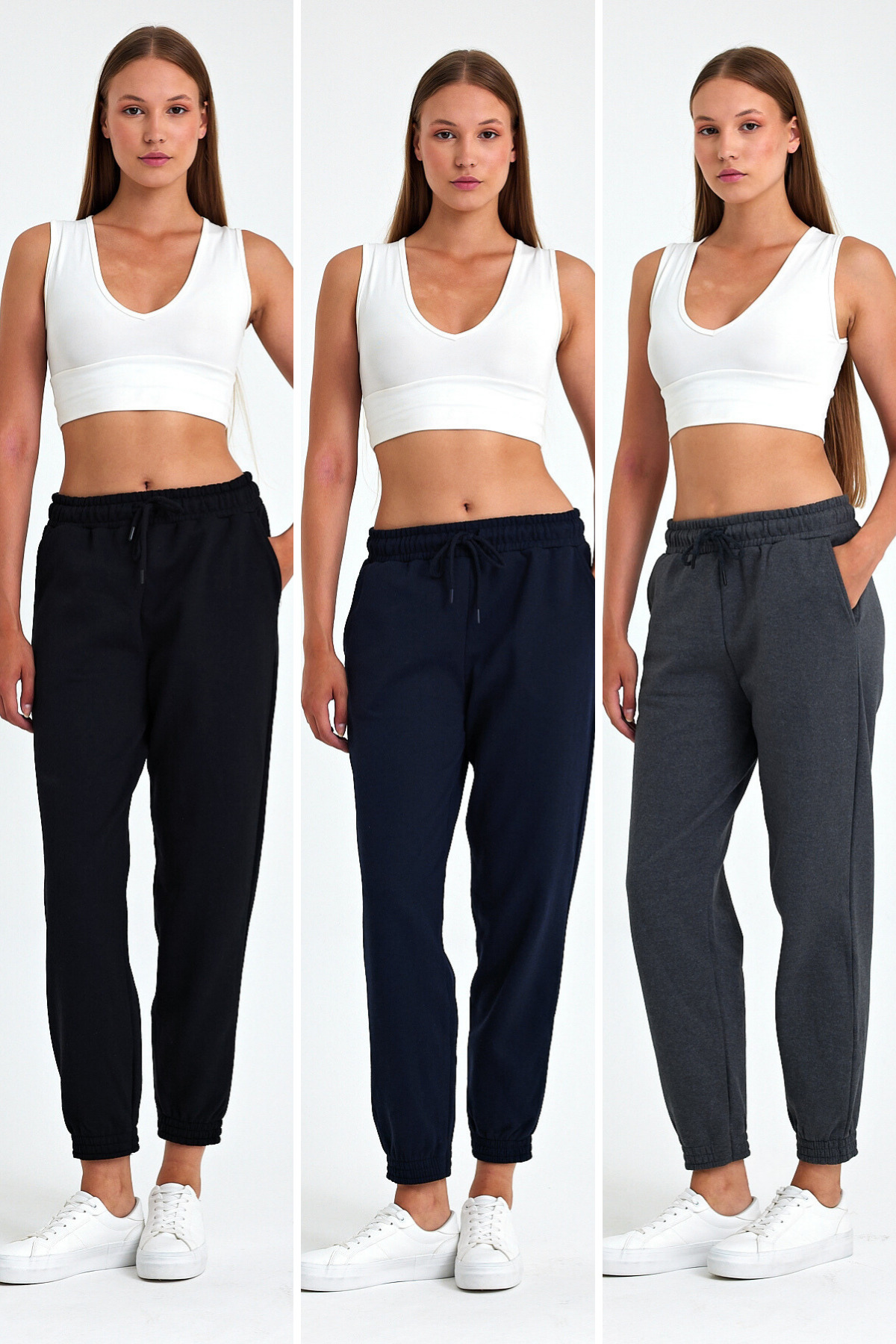 Women's Black-Navy Blue-Anthracite Cotton Thick Leg Elastic High Waist Comfortable Jogger 3-Pack