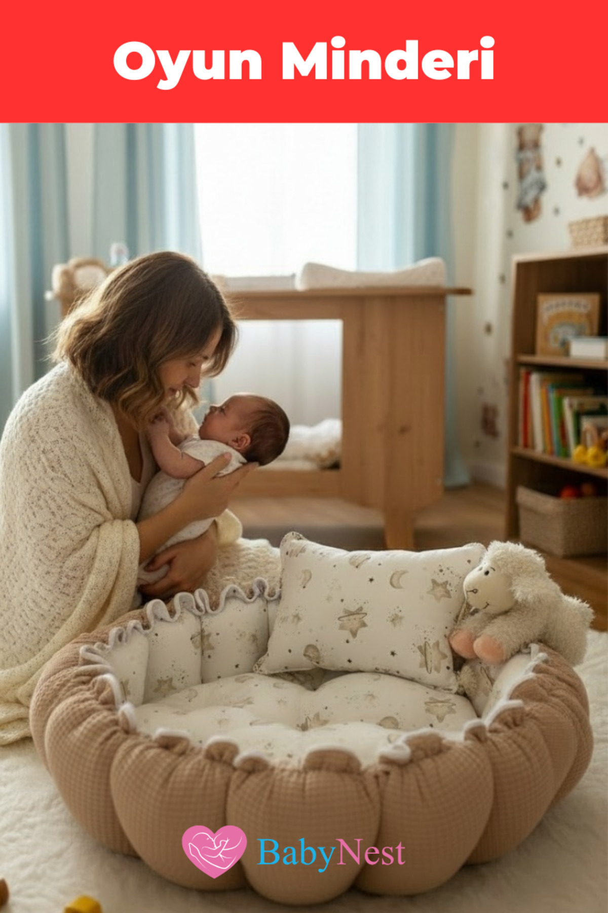 Babynest Yuvarlak Yatak/oyun Minderi Ve Yastığı Kahve Pike Püsküllü fotoğrafı 2 (önizleme)