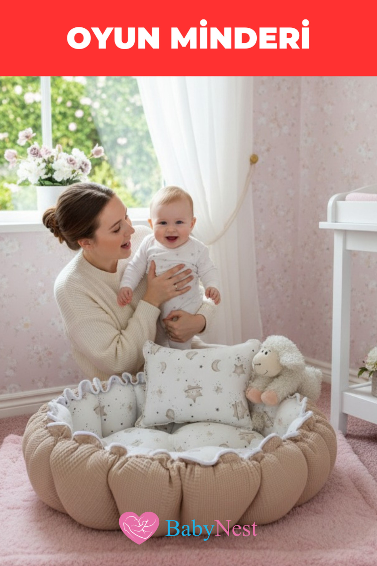 Babynest Yuvarlak Yatak/oyun Minderi Ve Yastığı Kahve Pike Püsküllü fotoğrafı 6 (önizleme)