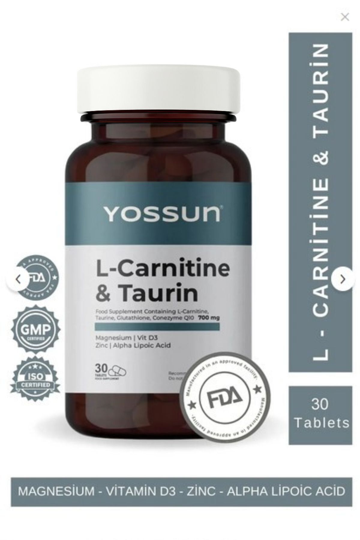 yossun L-Karnitin, Taurin, Glutatyon ve Koenzim Q10 İçeren Tablet Takviye Edici Gıda