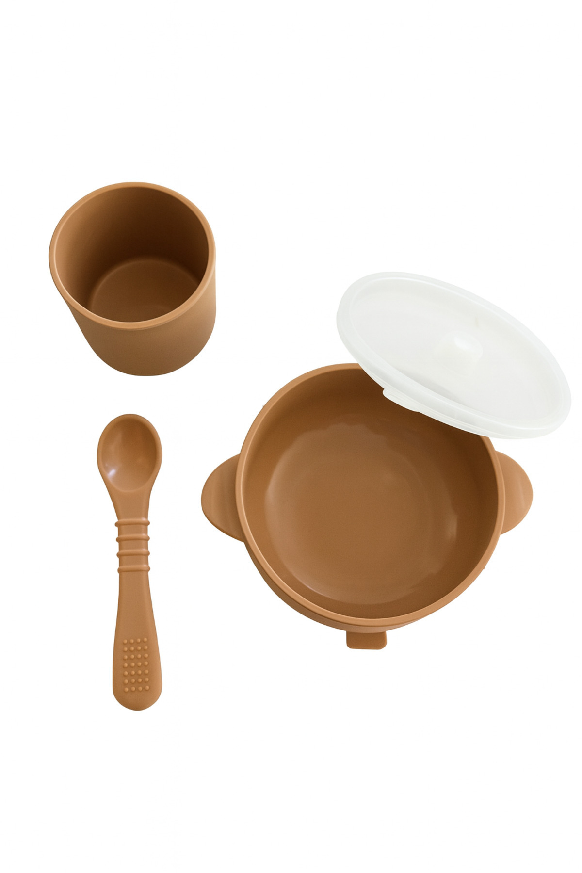 CKM silikon Silikon Mama Kasesi Kapaklı Kaşık Bardak Mama Seti Bej fotoğrafı 3 (önizleme)