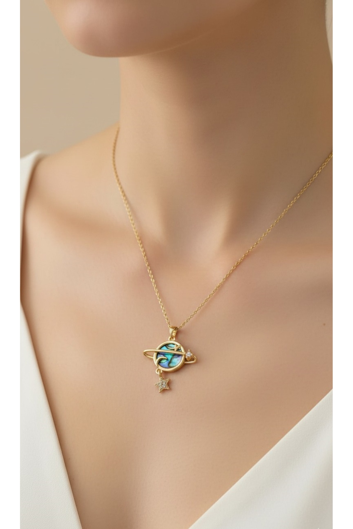 Çelik Kolye Kararmaz 14 Ayar Altın Kaplama Gezegen Figürlü
