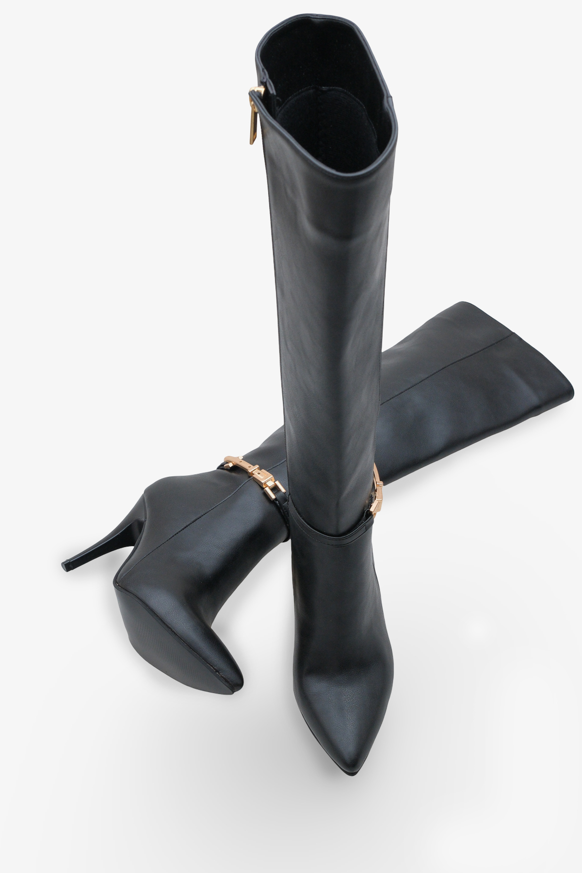 LOJO  Kadın Gold Tokalı Yandan Fermuarlı Topuklu Çizme Tetvey Siyah - Görsel 2