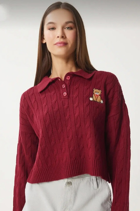 DAMGA Collection Kadın Ayıcık Desenli Polo Yaka Triko Kazak