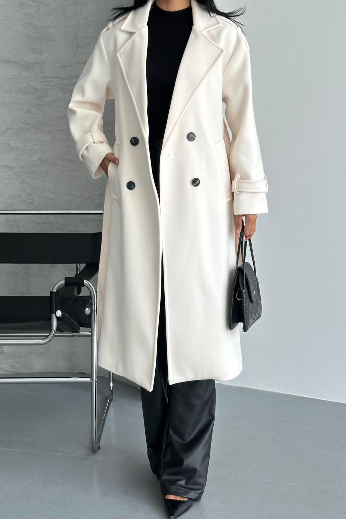 NET OF NOT  Laura Ekru Kuşaklı Yeni Sezon Astarlı Premium Kalite Rahat Kalıp Kadın Kaşe Kaban Mont - Görsel 6