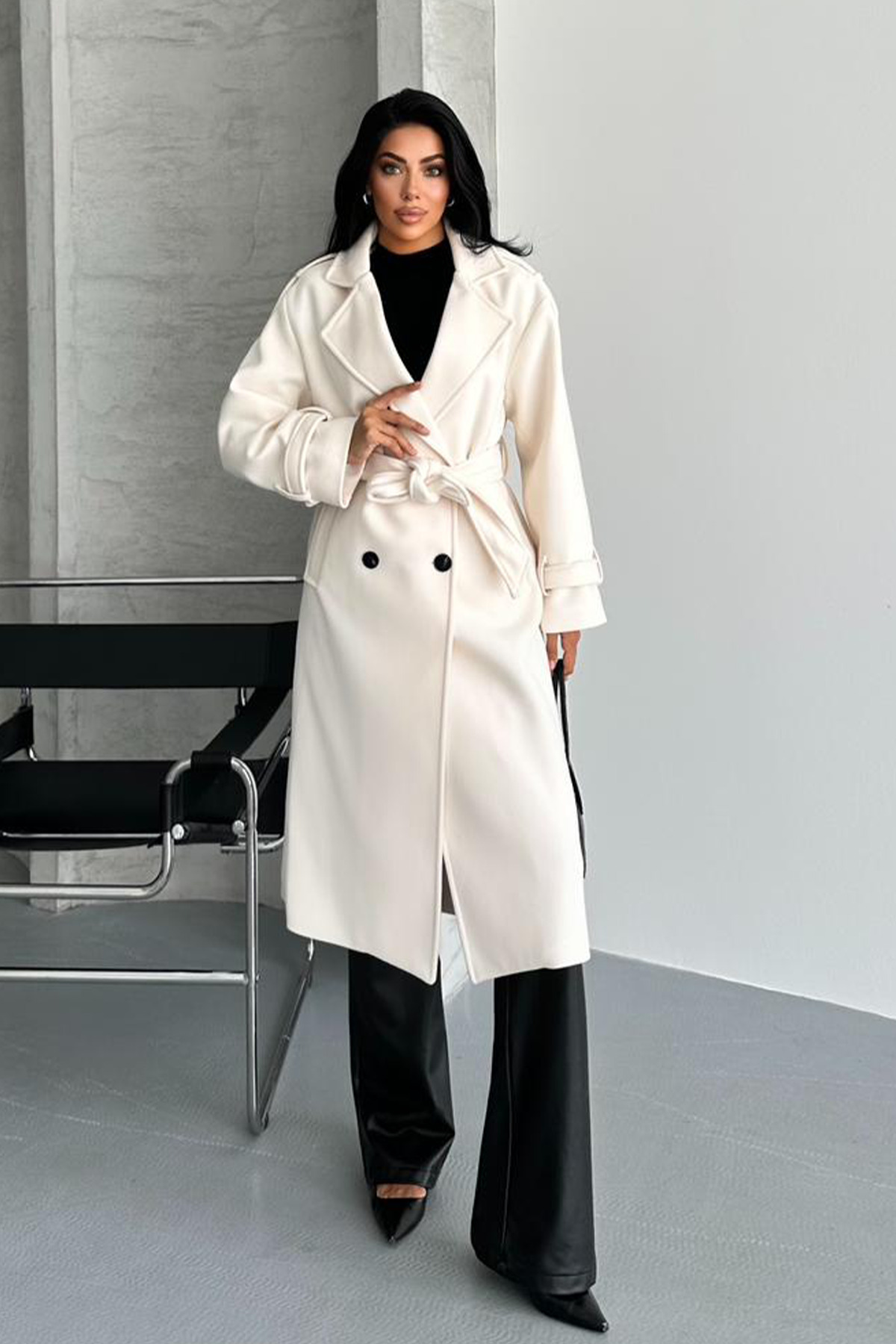 NET OF NOT  Laura Ekru Kuşaklı Yeni Sezon Astarlı Premium Kalite Rahat Kalıp Kadın Kaşe Kaban Mont - Görsel 9