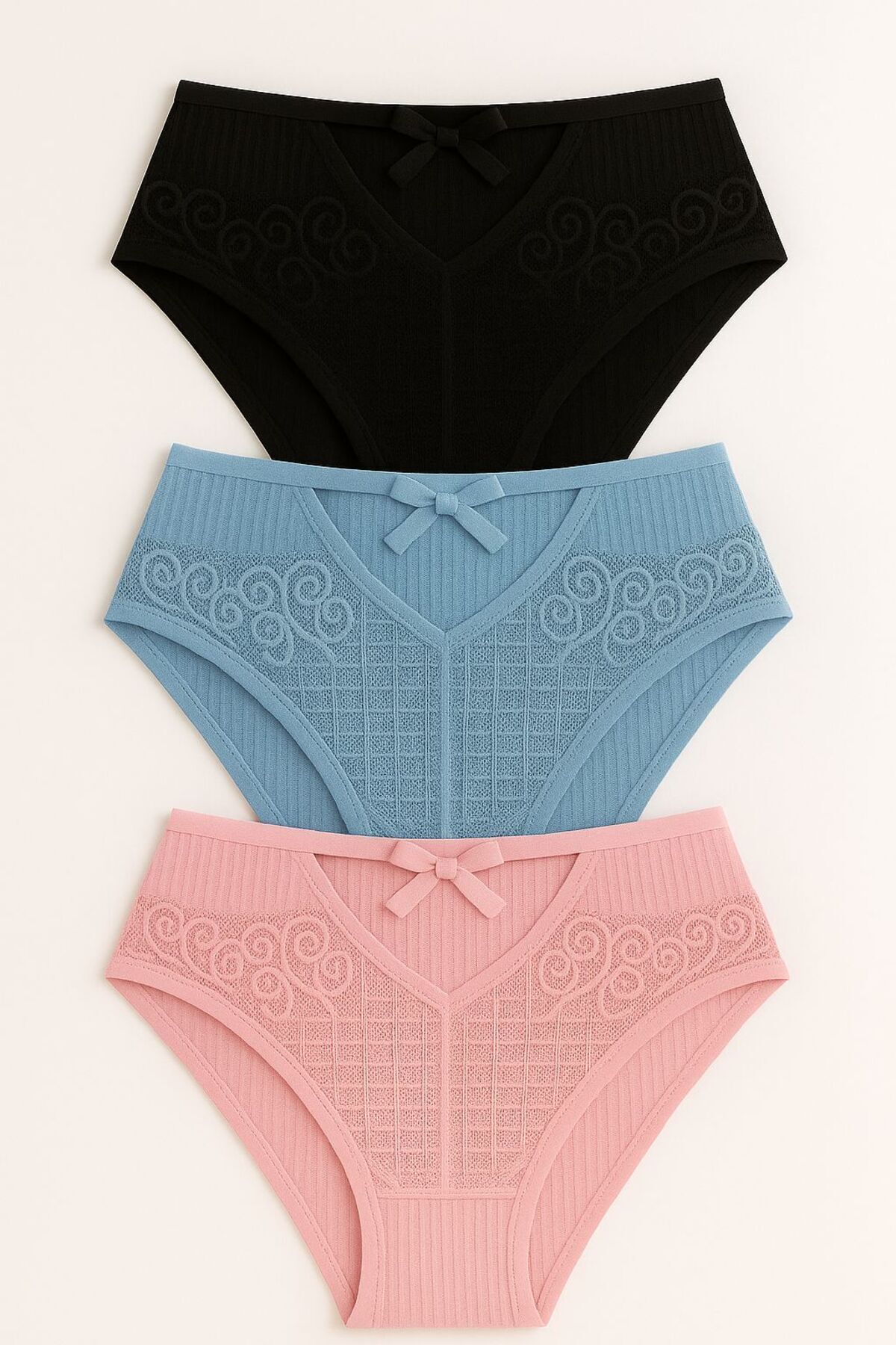 Front V Lace Rib Bikini with Back Hole 3-Piece Set