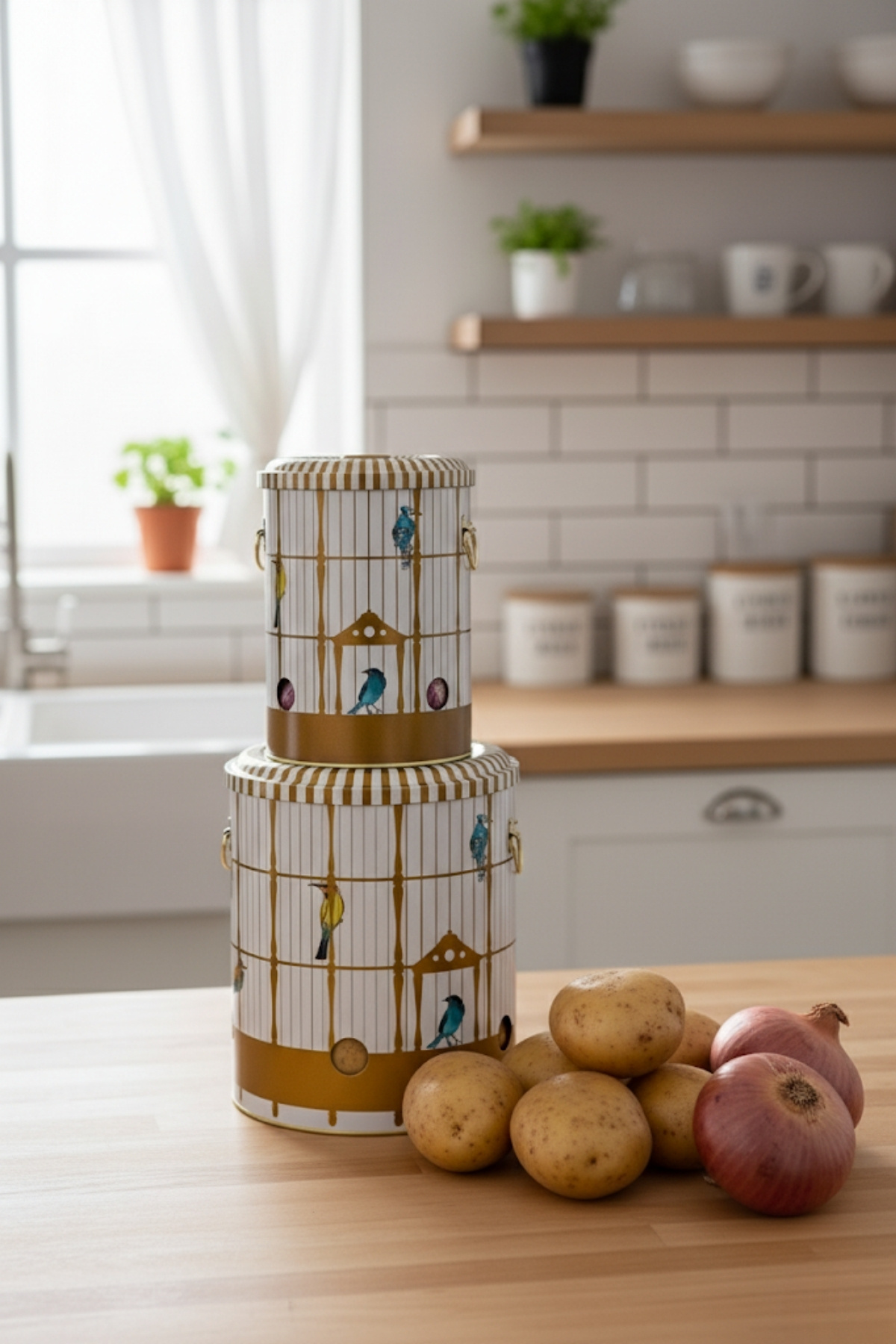 EVLE Metal Patates Soğan Kovası - Sebzelik - Patates Soğanlık Sepeti 2li Set, Bird Cage Erb23t7