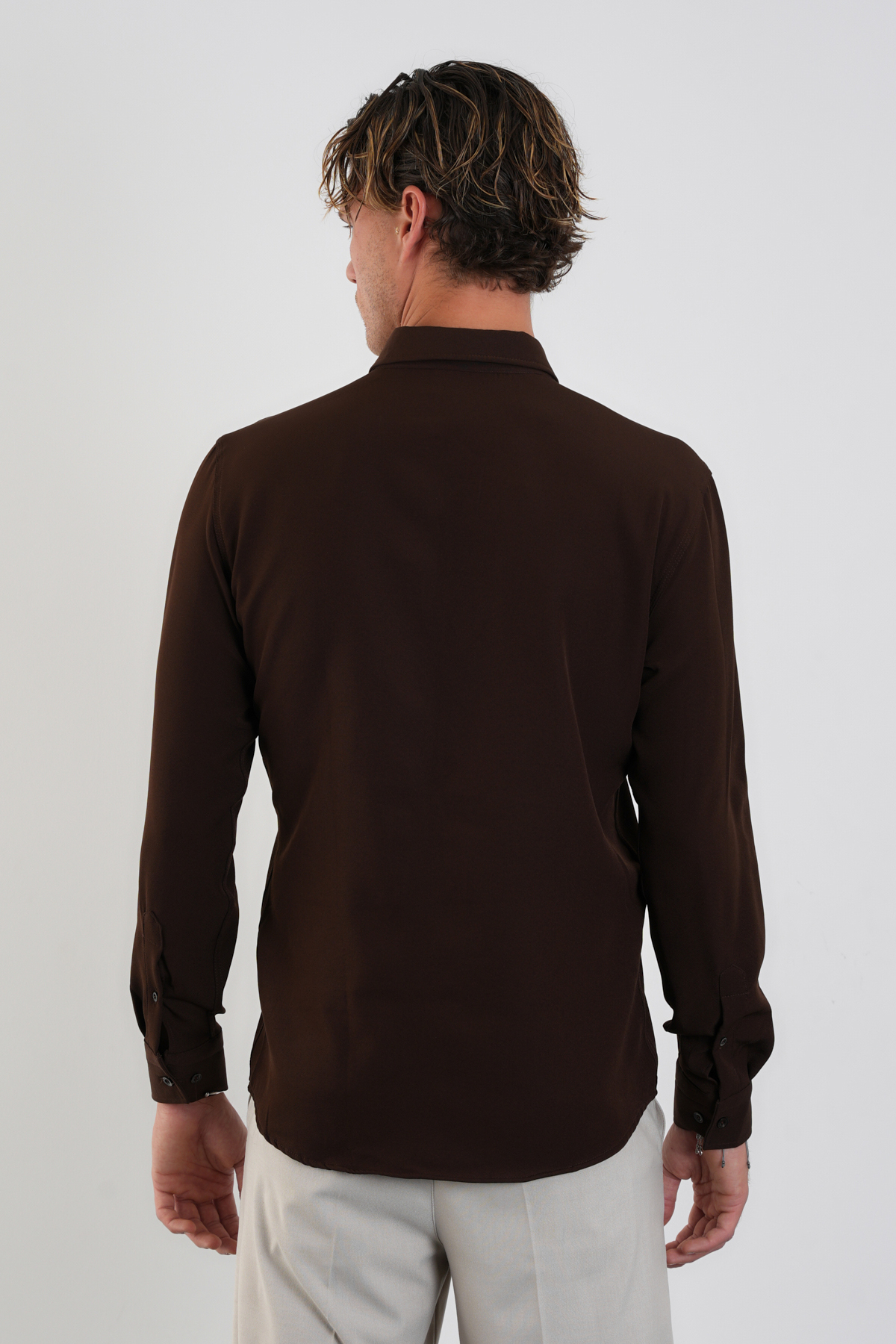 Redline  Flex Slim Fit Yumuşak Kolay Ütü Nefes Alan Erkek Gömlek Kahverengi - Görsel 7