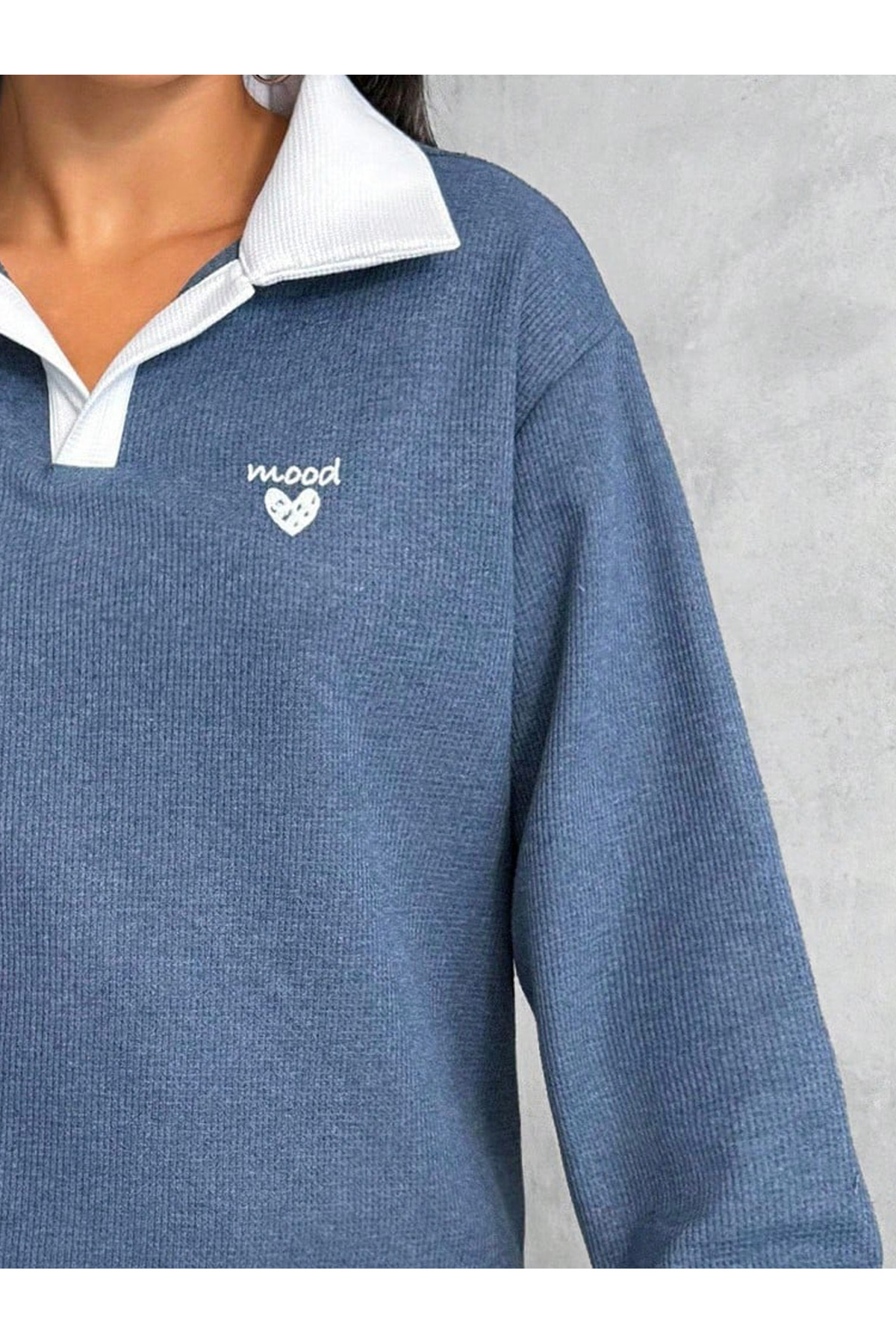 Mood Lab  Polo Yaka Kalp Nakış Detaylı Waffle Kumaş Mevsimlik Sweatshirt - Görsel 5