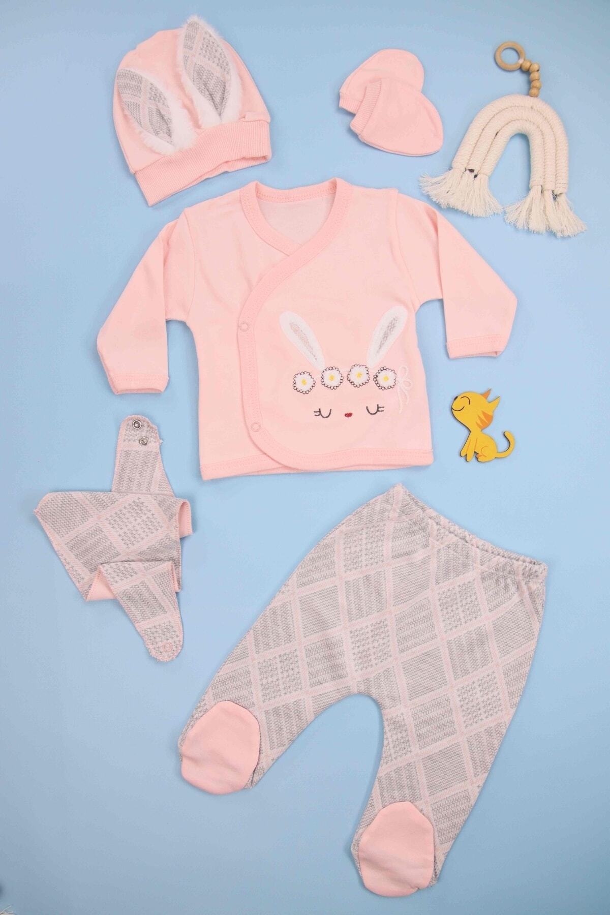 Babyim Peluş Tavşan Kulaklı Papatya Nakışlı Pembe 5'li Kız Yenidoğan Takım fotoğrafı 2 (önizleme)