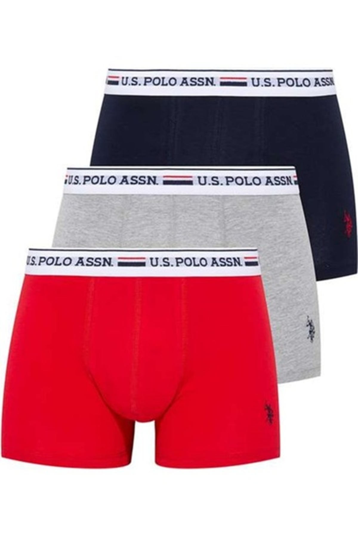 یو اس پولو شورت بوکس مردانه US Polo Assn قرمز - خاکستری ملانژ - سرمه‌ای بسته ۳ عددی ۸۰۴۳۱