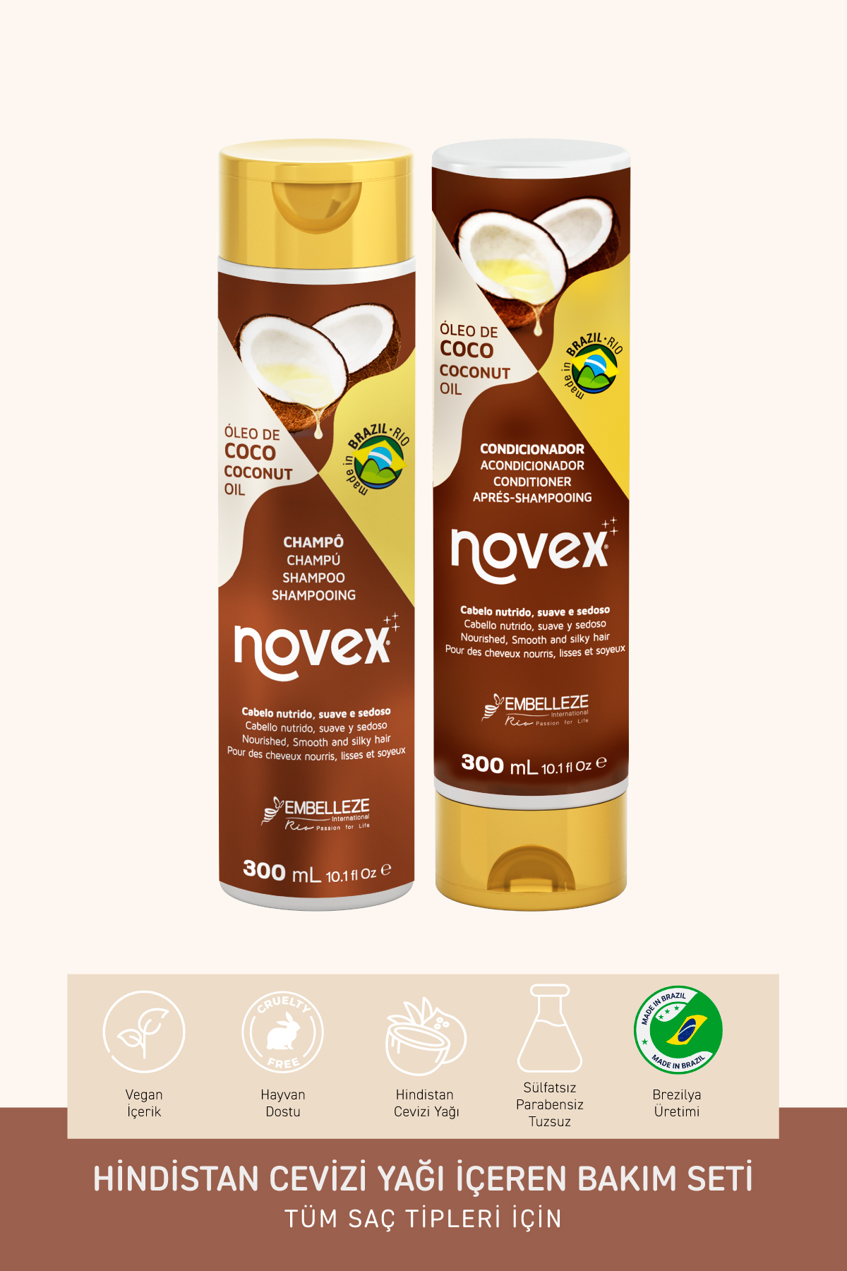 NOVEX Coconut Oil - Kuru ve Hasarlı Saçlar Için Hindistan Cevizi Yağı İçeren Şampuan + Saç Kremi 300ml — 8761200037842