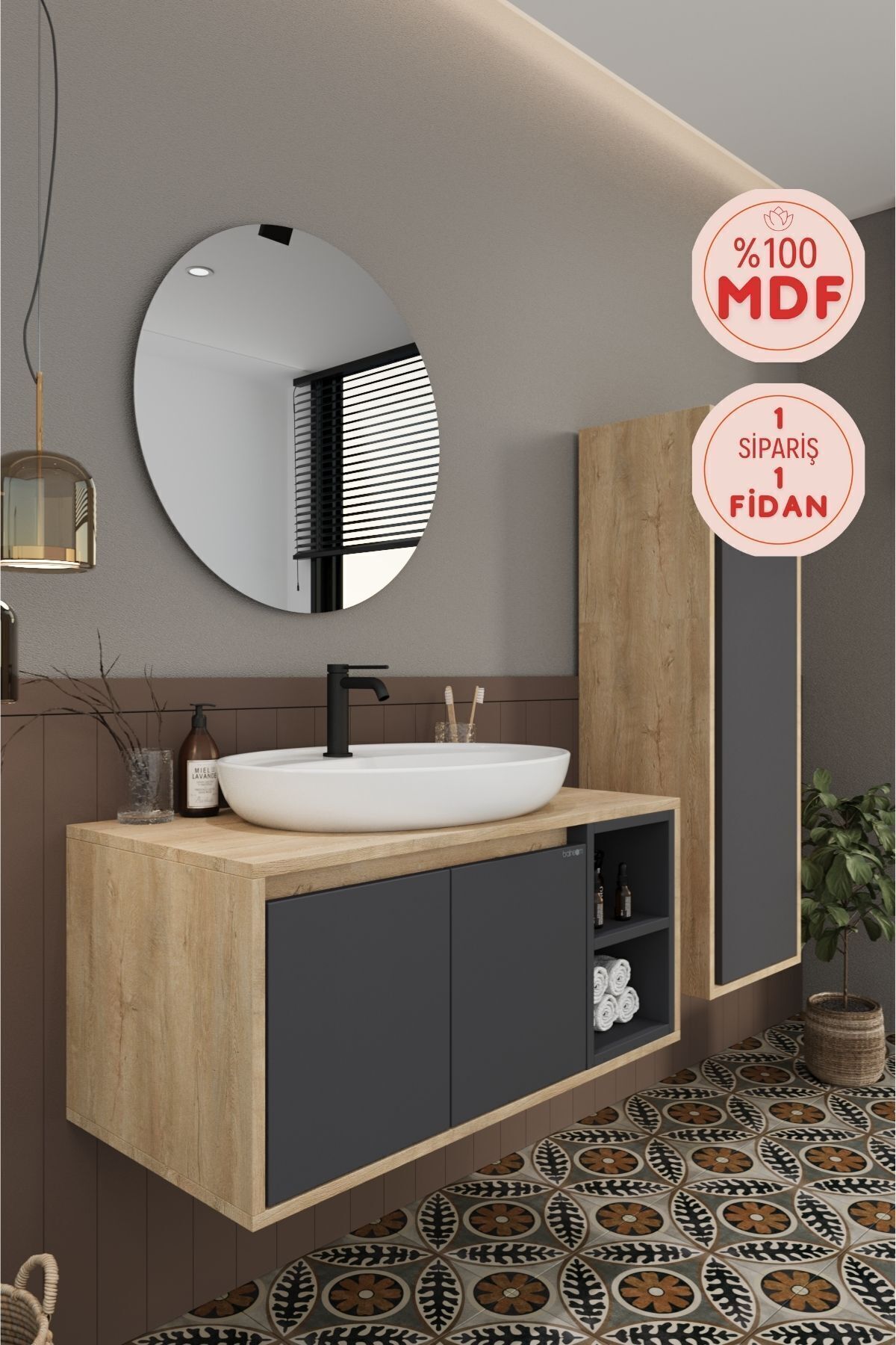BALNEOM Gül 90 Cm %100 Mdf Lavabolu Banyo Dolabı Ayna Alt Dolap Lavabo Boy Dolabı