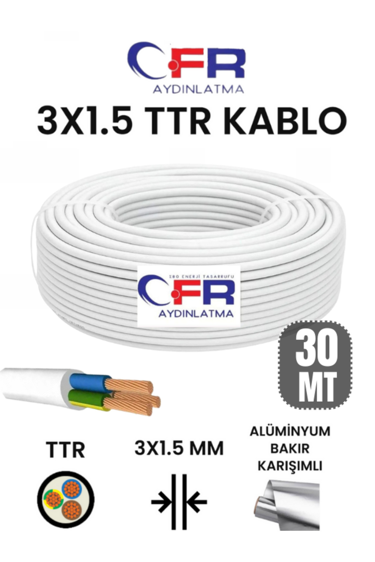 CFR LED AYDINLATMA 3X1.5 TTR Çok telli Elektrik Tesisat Kablosu 5,10,15,20,25,30,50,100 MT
