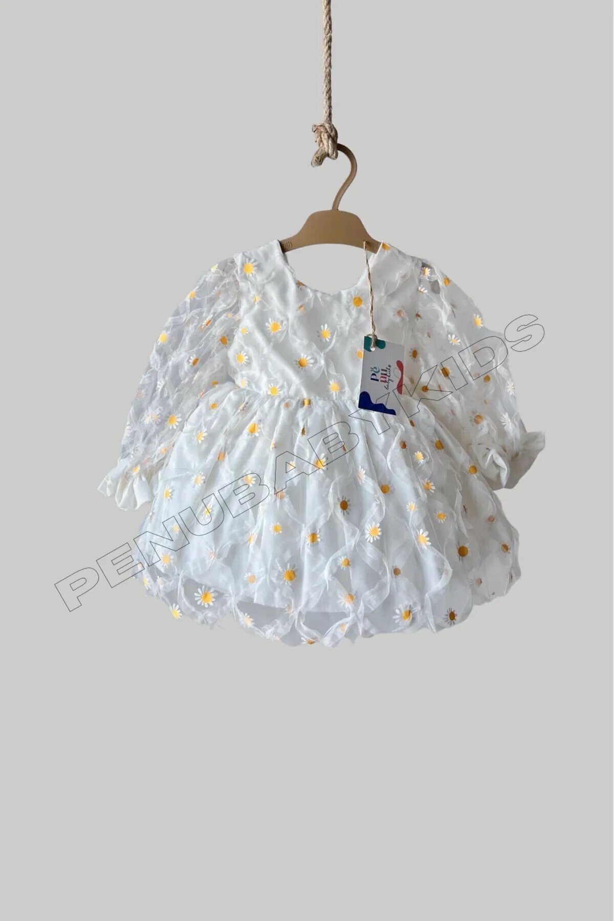 penu baby kids Beyaz Baskı Papatyalı Uzun Tül Kollu Kız Çocuk Kız Bebek Elbise fotoğrafı 6 (önizleme)