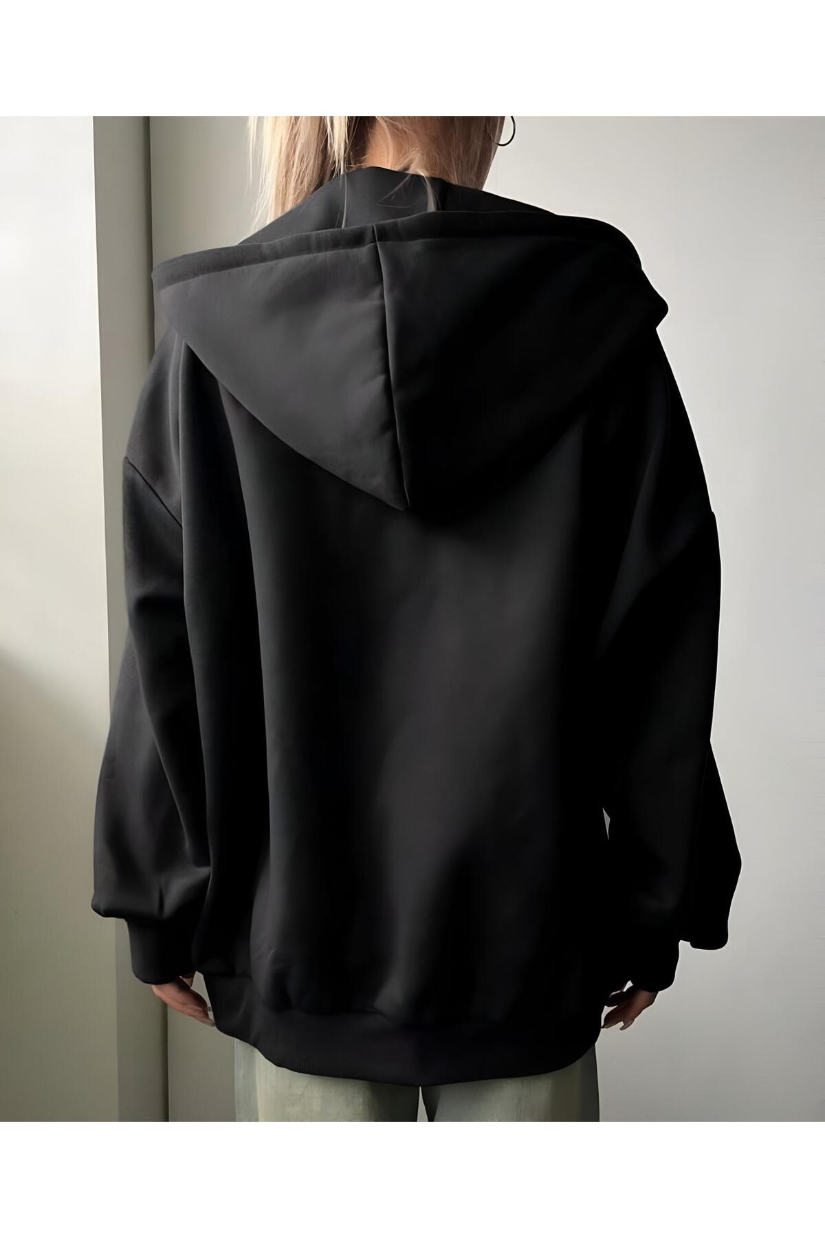 trendgar  SIYAH DUZ FERMWARLI KAPŞONLU HIRKA SWEATSHİRT - Görsel 5