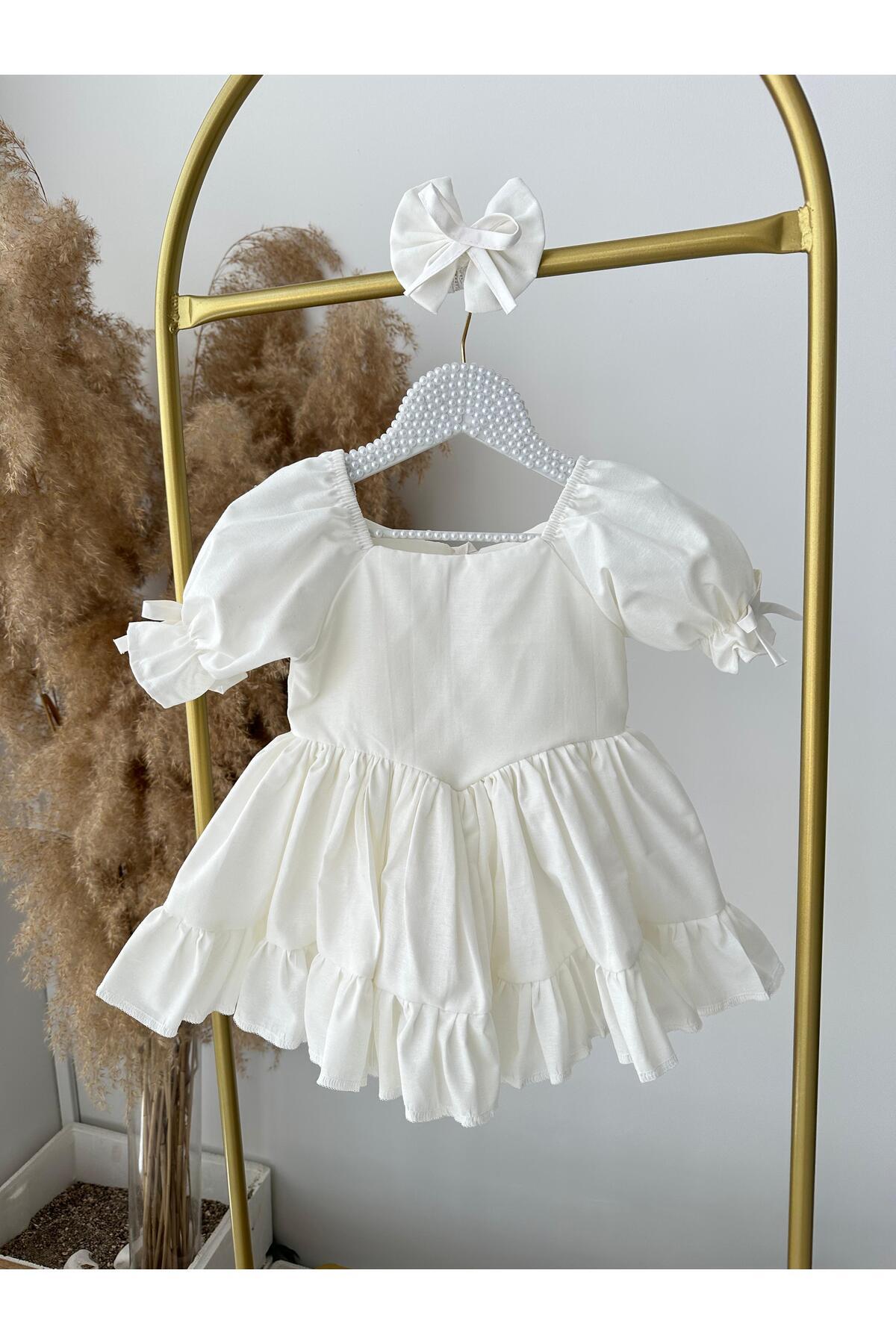 Hobidik Kız Bebek ve Çocuk Kırık Beyaz Elbise | Fırfırlı Pamuklu Sırtı Fiyonklu fotoğrafı 6 (önizleme)