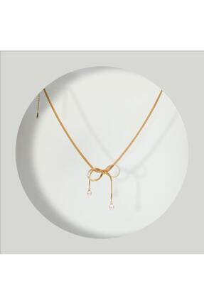 FOURSOLOS Çelik Kadın Kolye, Kurdeleli Boncuklu, Gold Renk, No:162