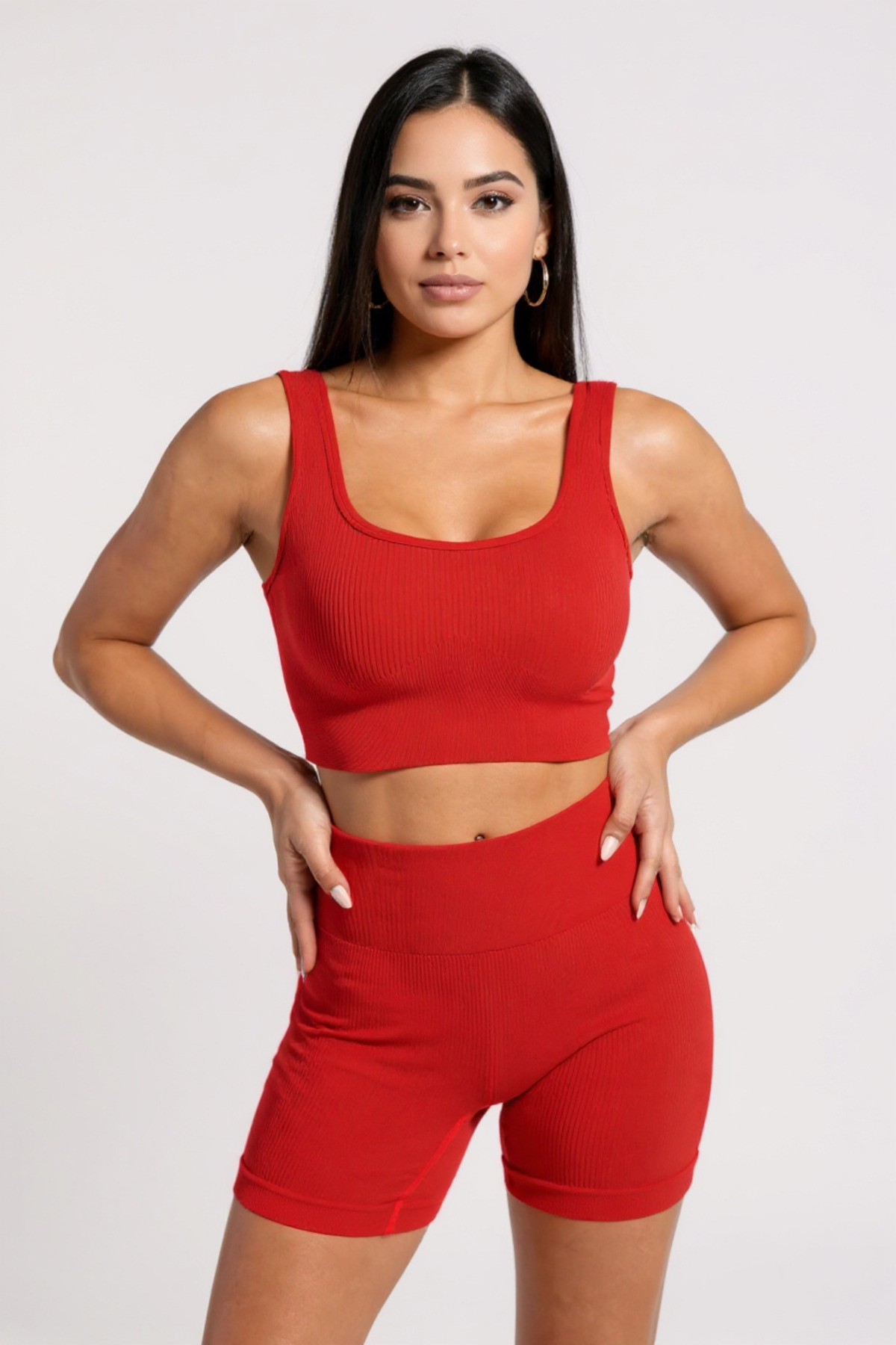 R ROCKBLACK Kadın Kırmızı Kalın Askılı Yüksek Bel Şortlu Gecelik Takımı