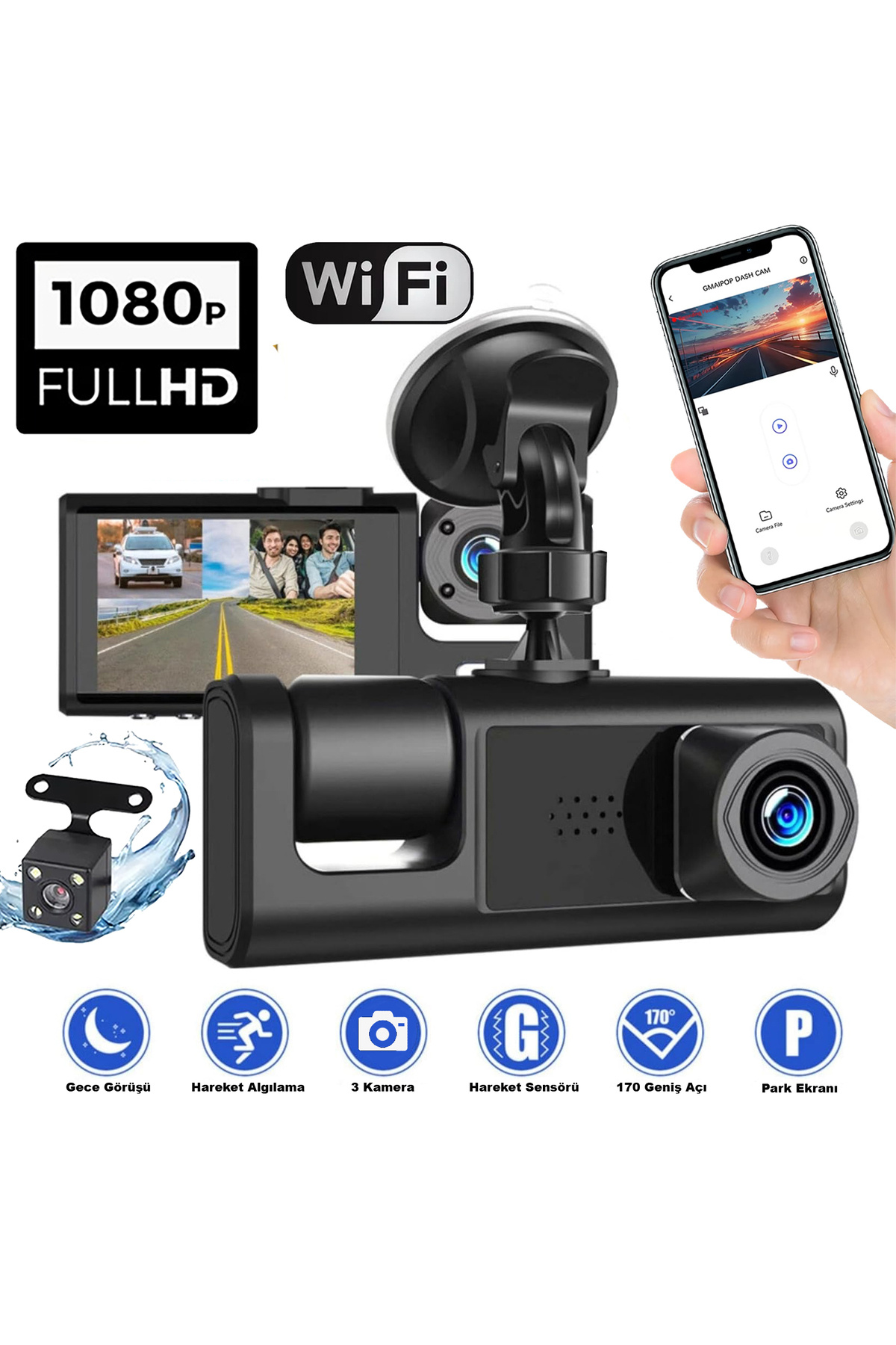 TECHNOM 1080P 3 Adet WİFİ Ön Arka iç Geniş Açılı Sürüş Kaydedici 2İnç Ekranlı Gece Görüşlü DVR Araç Kamerası