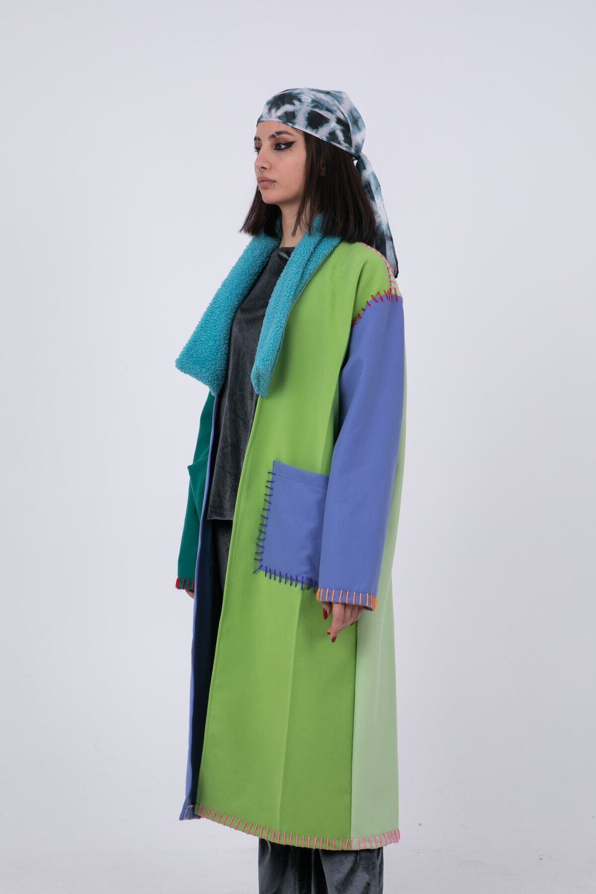 Hello Stranger  Rrenkli Işlemeli Pardösü Patchwork Mor Yeşil Mavi Ceket Palto Yamalı Kaban Mont - Görsel 7