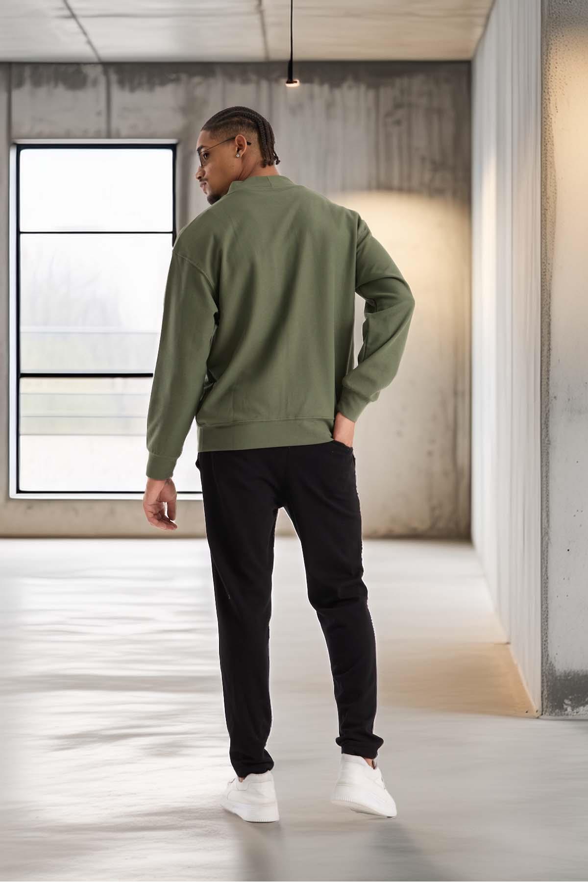 Potter Dokulu Selanik Kumaş Oversize Basic 3 Düğmeli Erkek Hırka - Avcı Yeşili — سبز DH10013 — تصویر 5 از 8