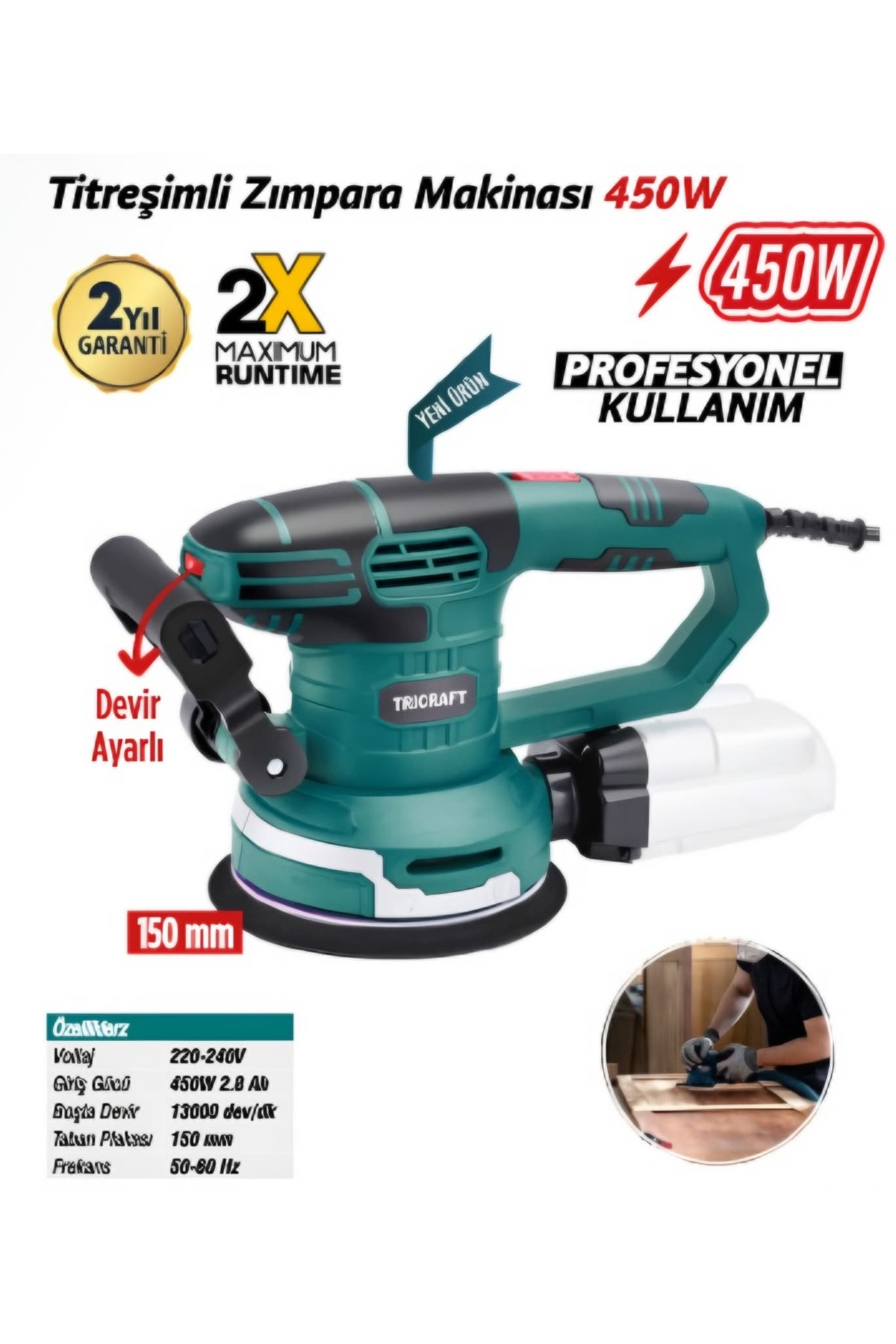 Tricraft 450W TİTREŞİMLİ ZIMPARA MAKİNESİ 150mm - Fiyatı, Yorumları