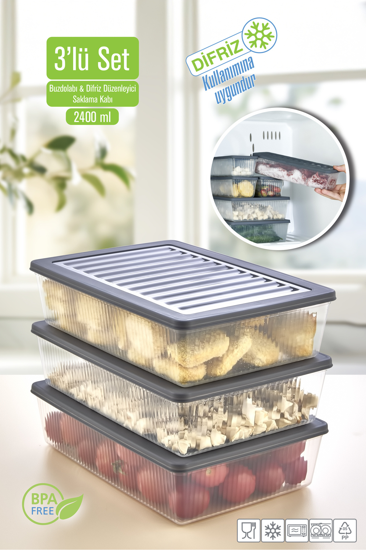 teknotrust 3’lü Saklama Kabı Seti, Mikrodalga ve Derin Dondurucu Uyumlu, 3 x 2400 ml