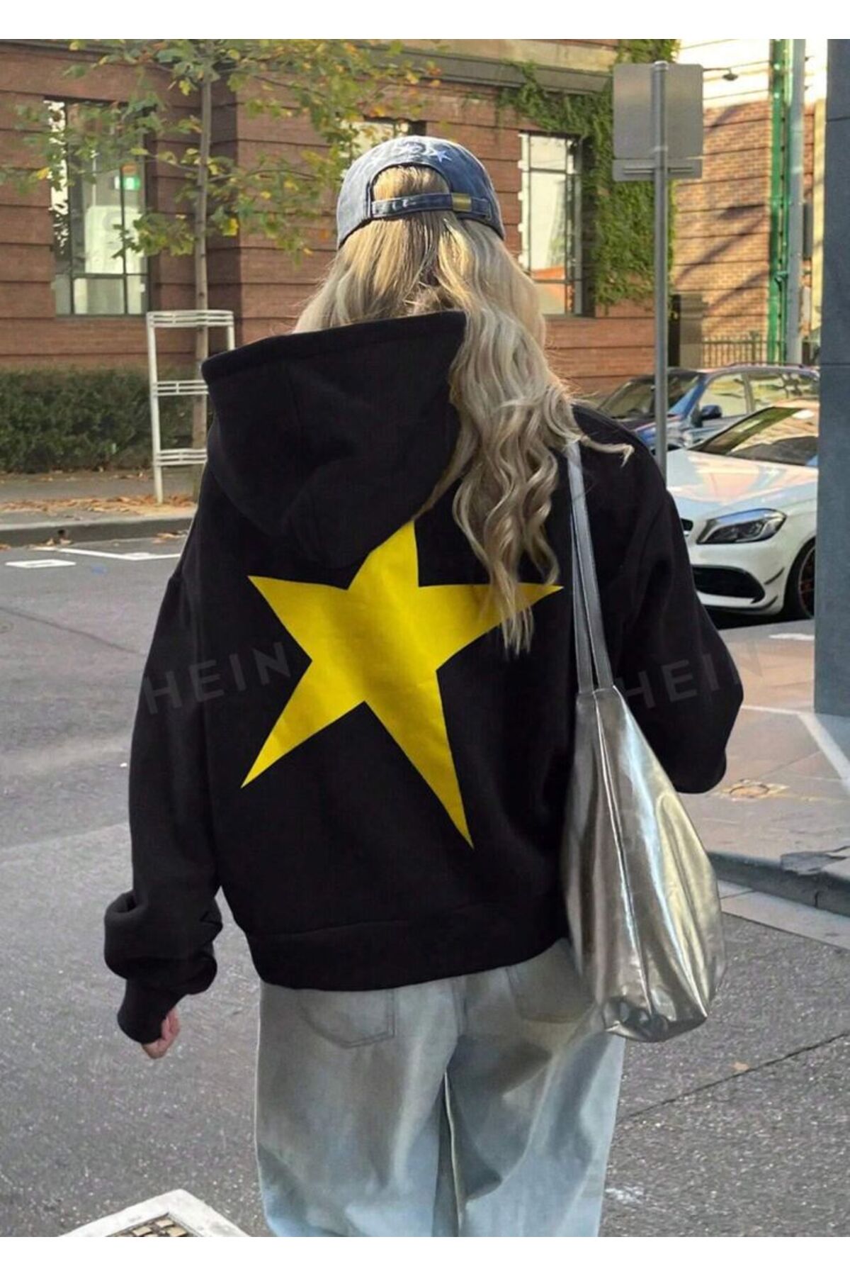 Kalic Studio kadın yıldız sırt baskılı oversize sweatshirt siyah