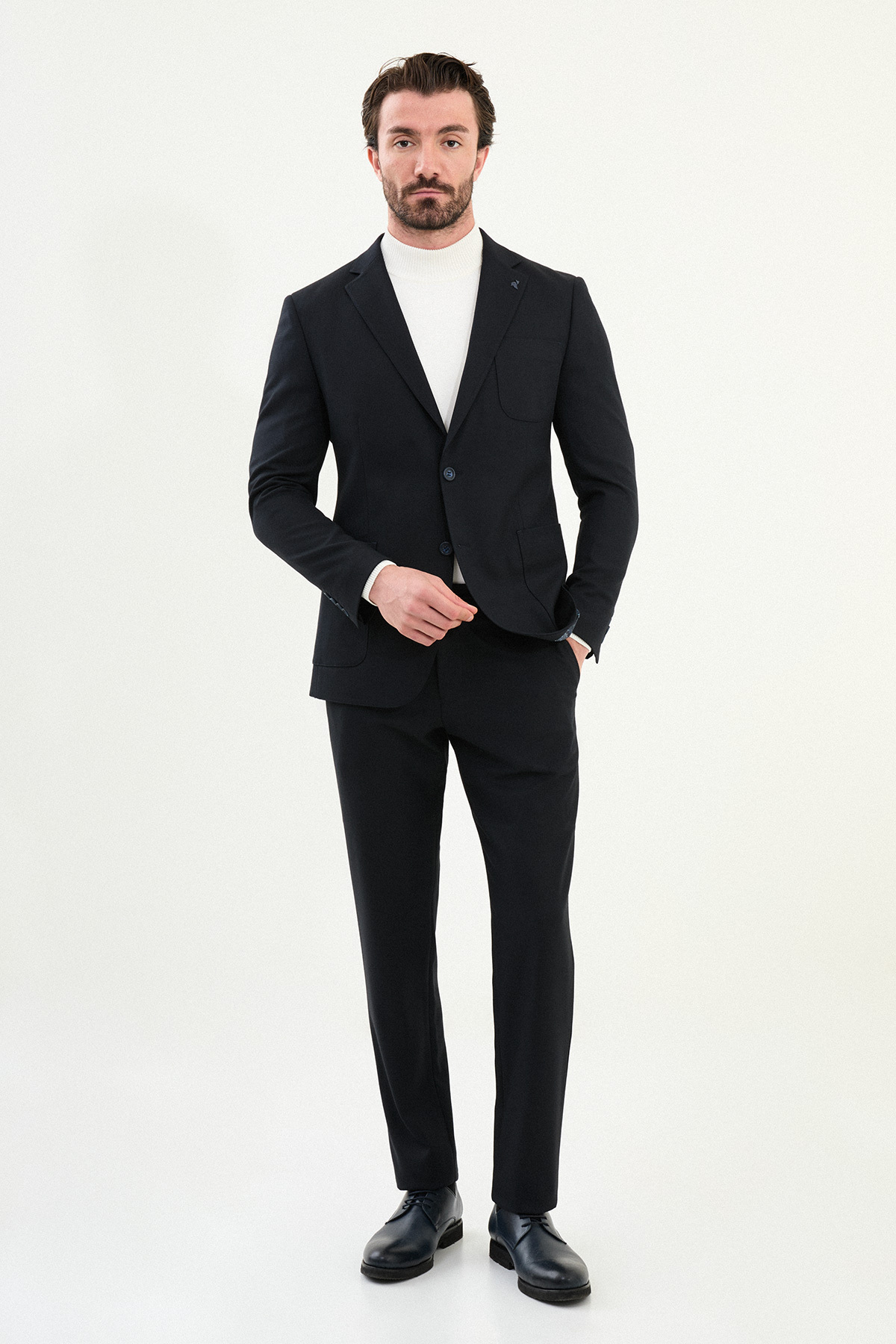 Düz Slim Fit Torba Cep Beli Lastikli İpli Yün Erkek Takım Elbise Lacivert - 45417.25K — رنگارنگ — تصویر 3 از 6