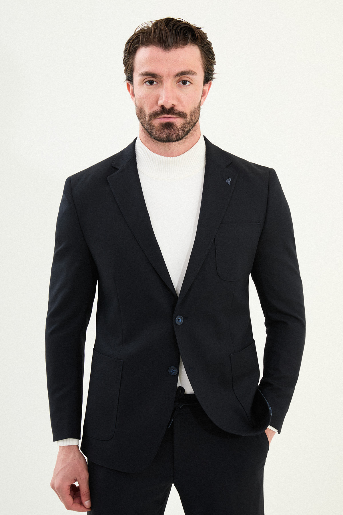Düz Slim Fit Torba Cep Beli Lastikli İpli Yün Erkek Takım Elbise Lacivert - 45417.25K — رنگارنگ — تصویر 4 از 6