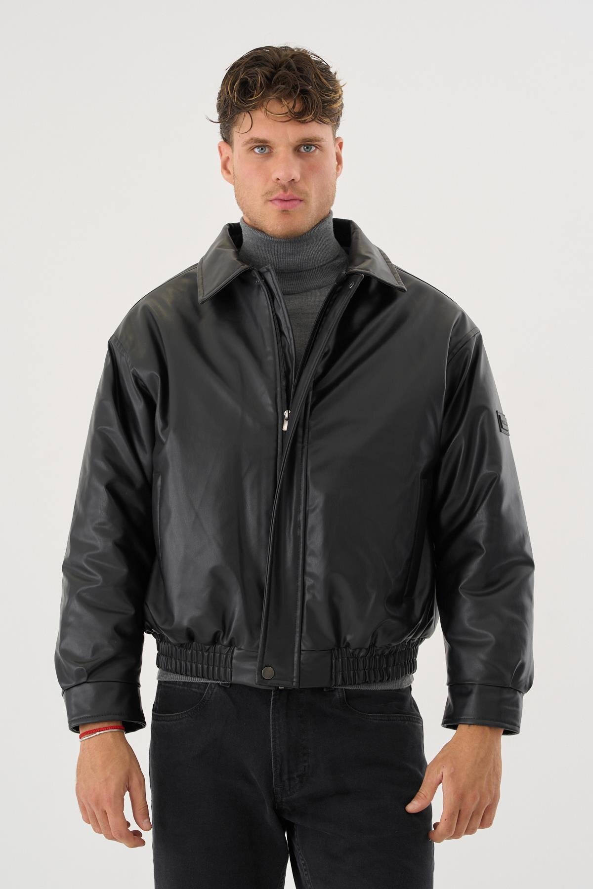 Erkek Siyah Deri Oversize Basic Mont & Ceket görsel 2
