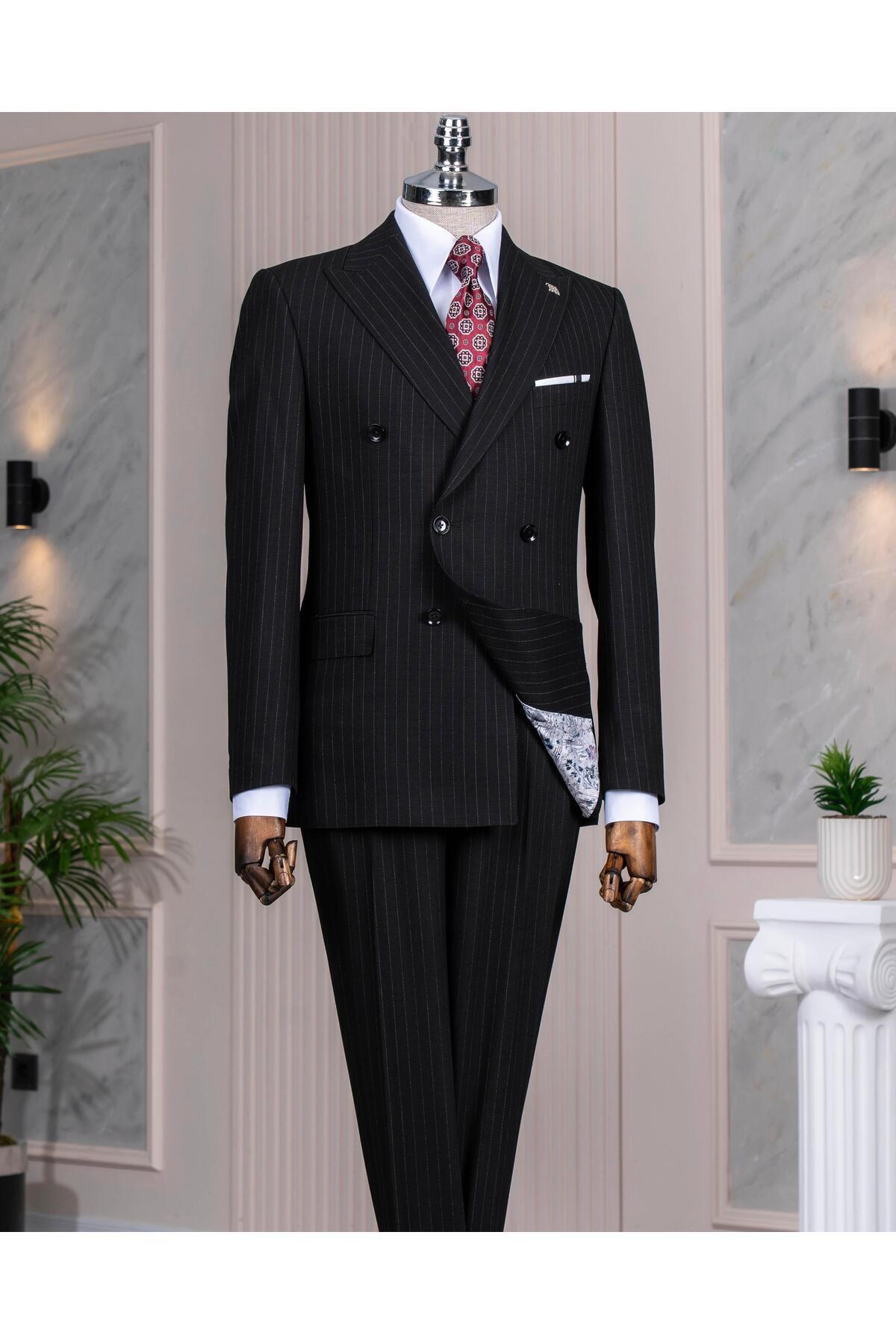 TerziAdemAltun Italian Style Double Breasted Jacket Pant Suit Black T14023