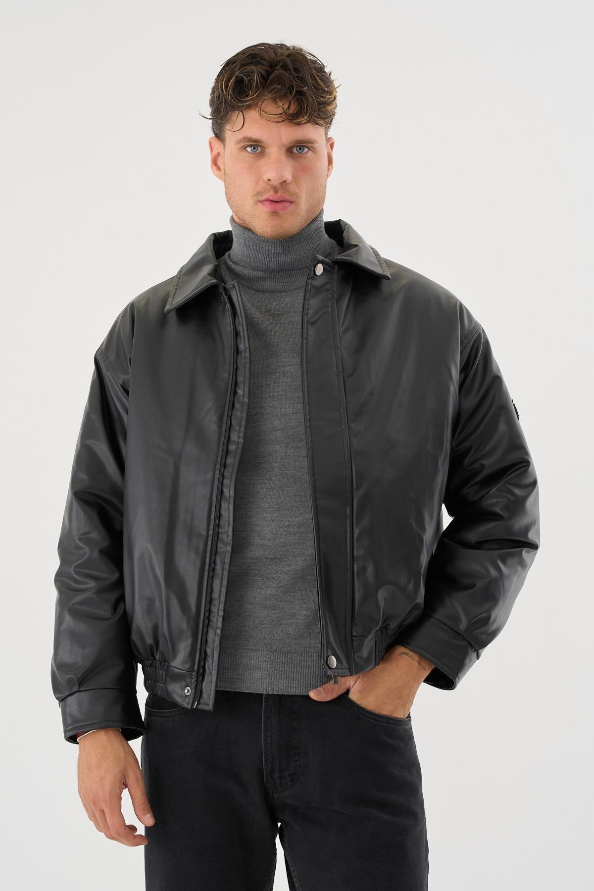 Erkek Siyah Deri Oversize Basic Mont & Ceket