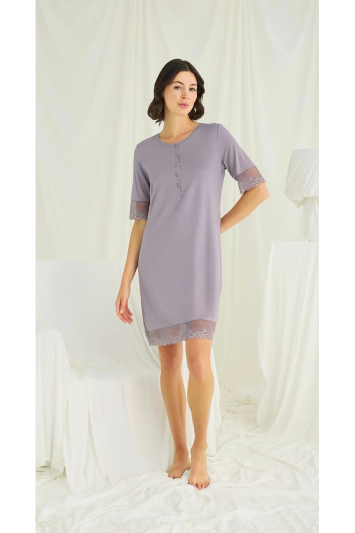 NightLove Monamise Dantel Detaylı Kısa Kollu Gecelik 18608