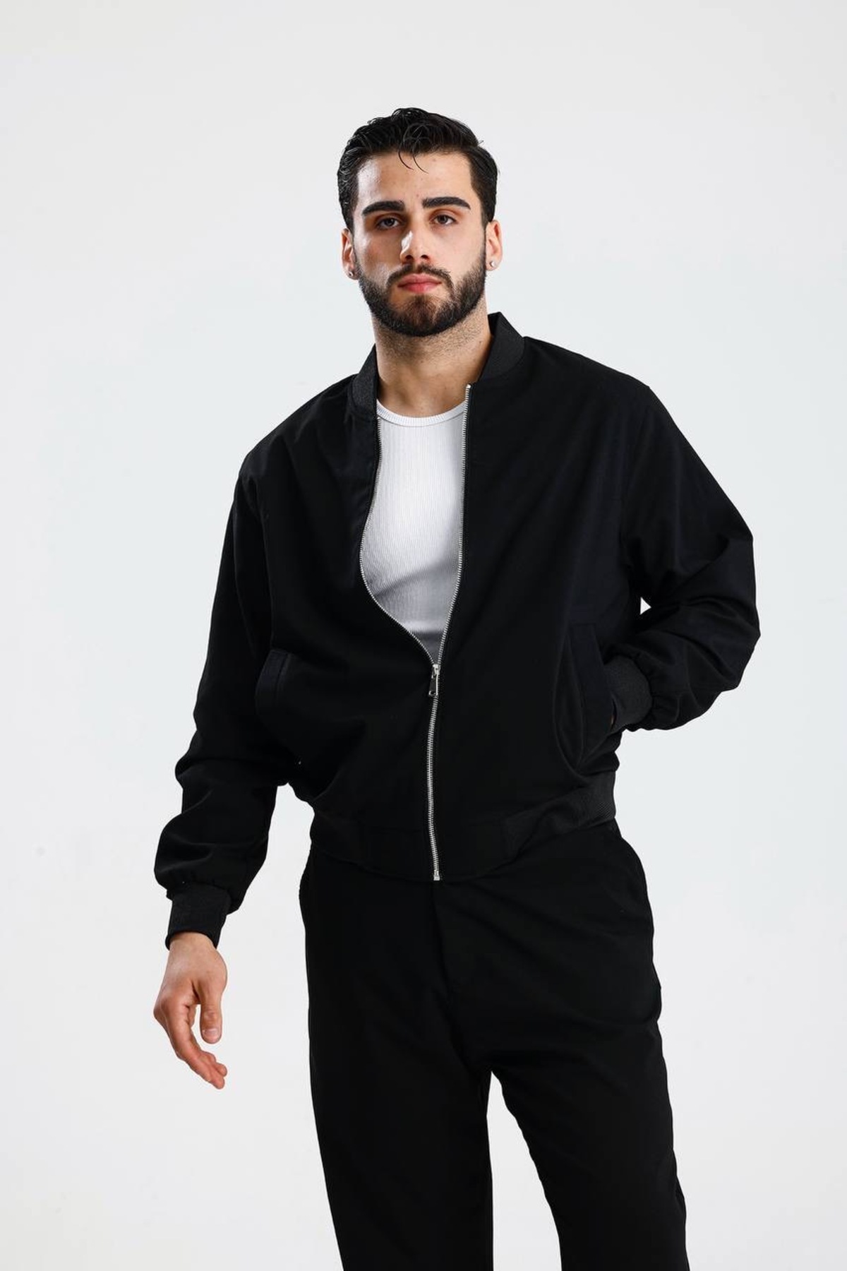 İLKCET MODA  V Yaka Fermuarlı Siyah Oversize Mevsimlik Ceket - Görsel 4